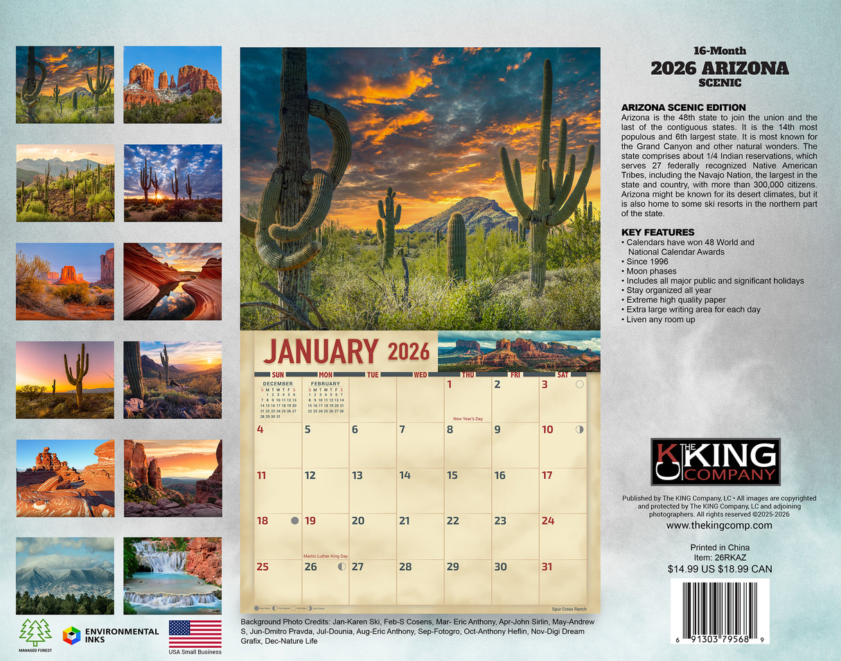 2026 Arizona Scenic Wall Calendar