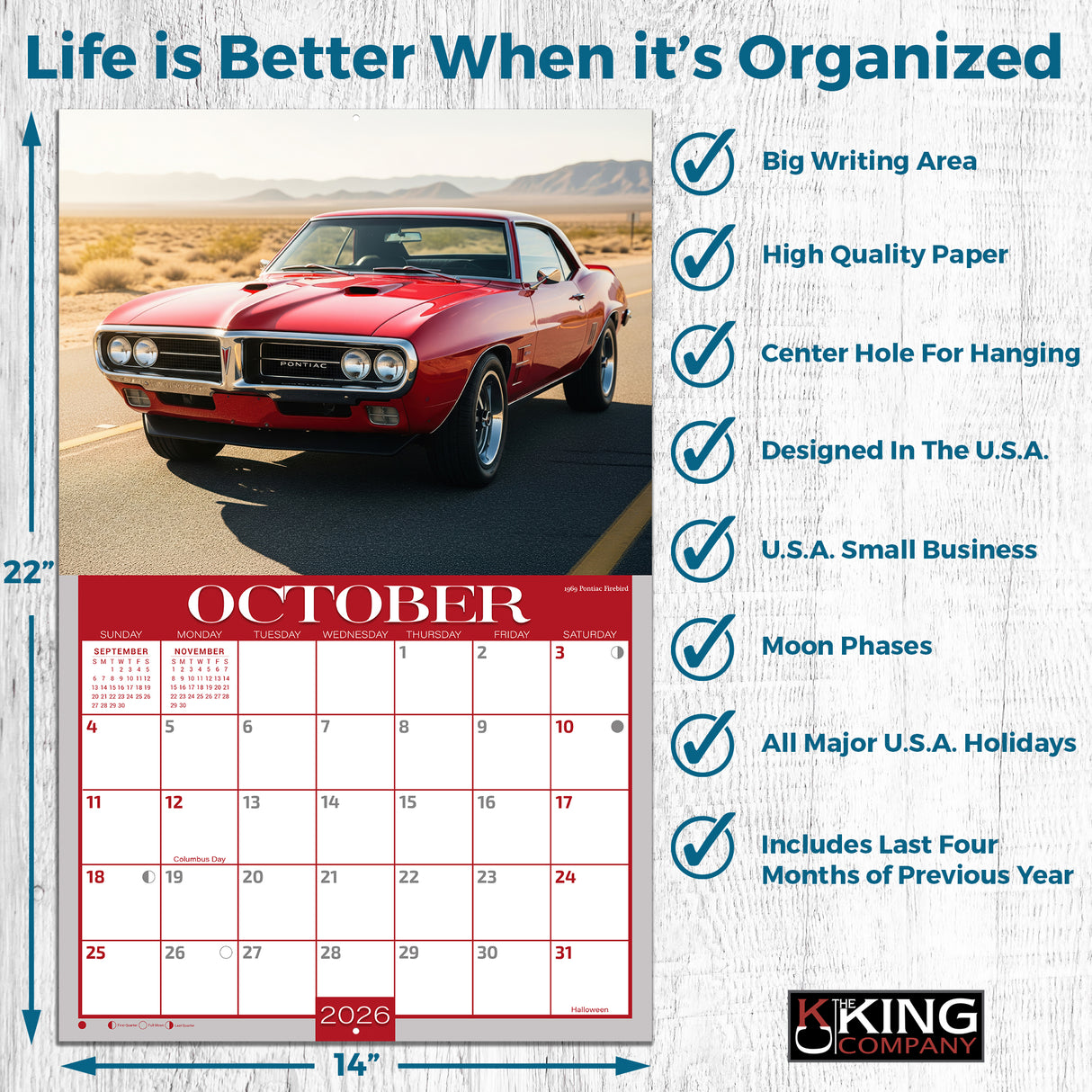 2026 American Muscle Cars Illustrated Wall Calendar