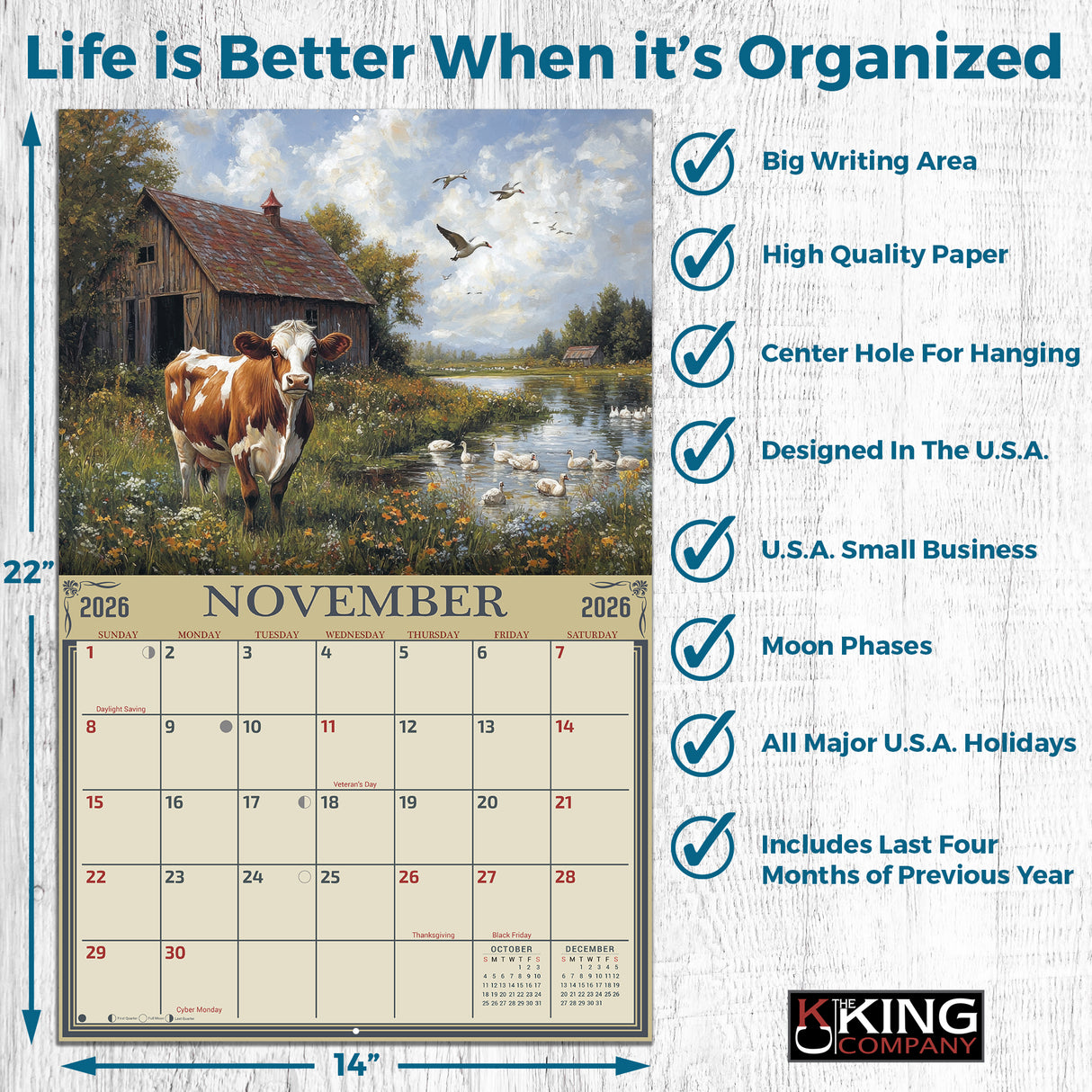 2026 Country Cows Illustrated Wall Calendar