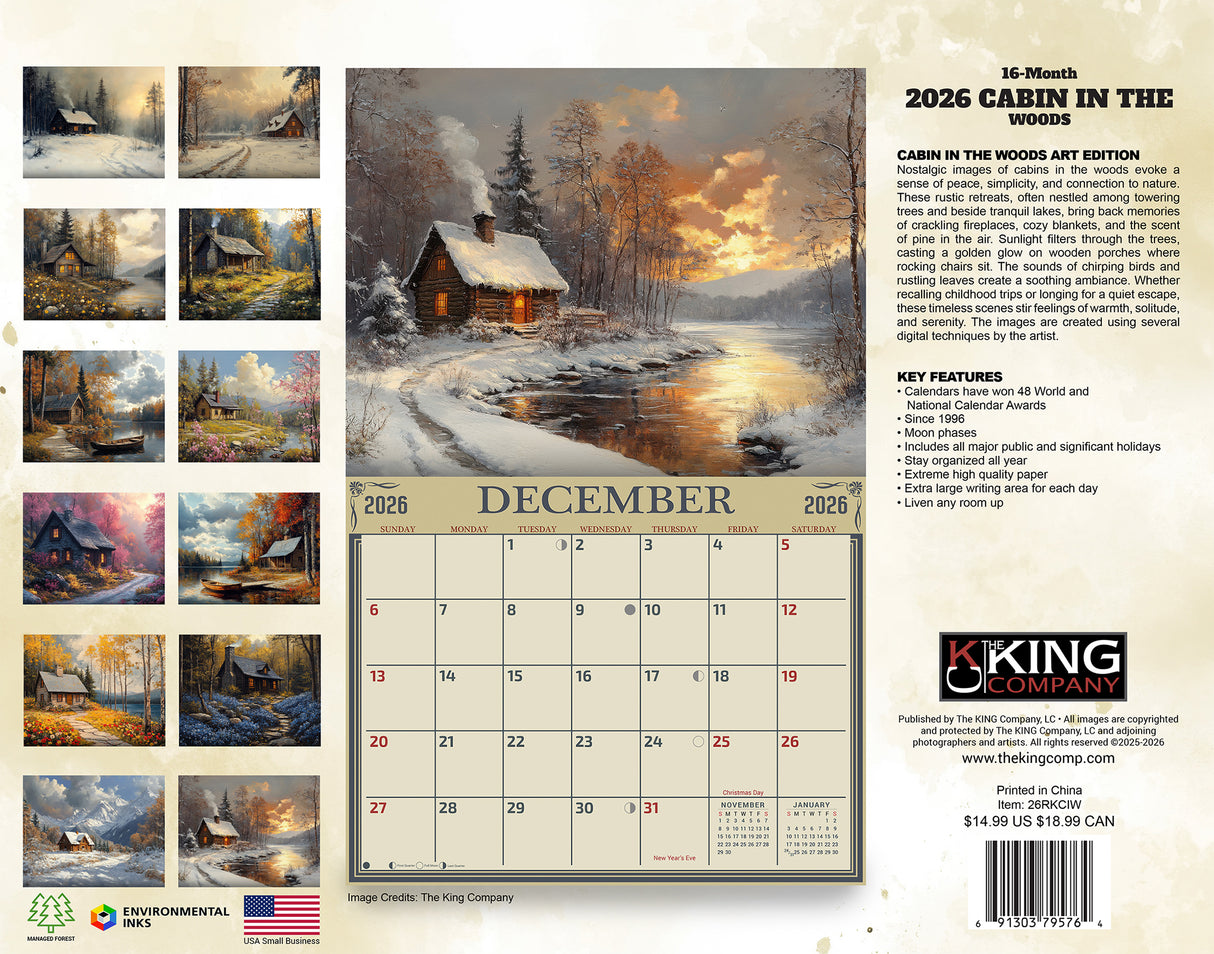 2026 Cabin in the Woods Wall Calendar