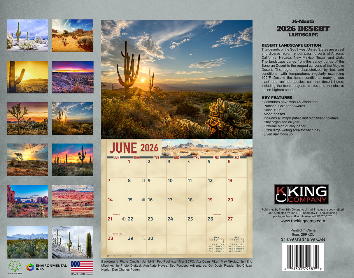 2026 Desert Landscape Scenic Wall Calendar