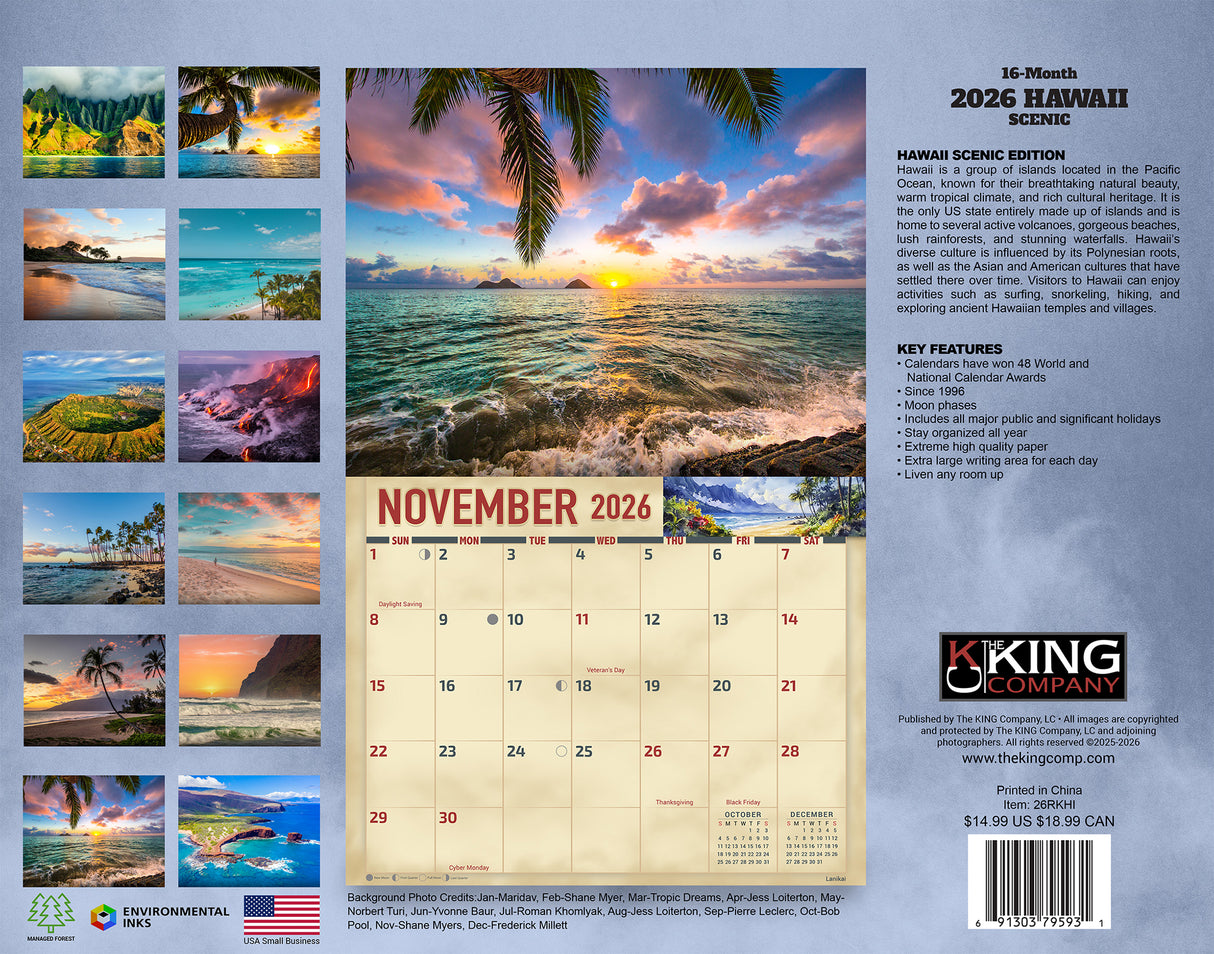 2026 Hawaii Scenic Wall Calendar