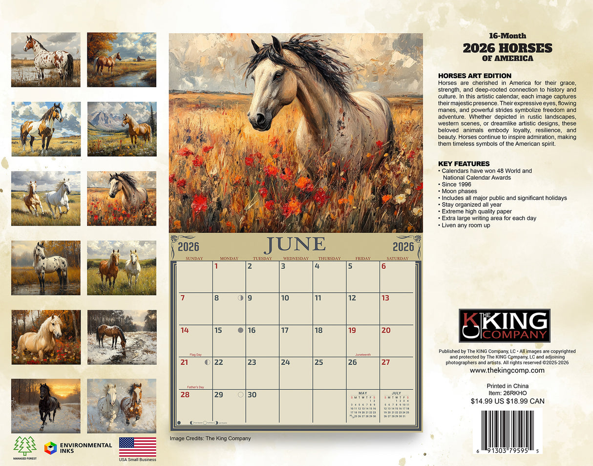 2026 Horses Illustrated Wall Calendar