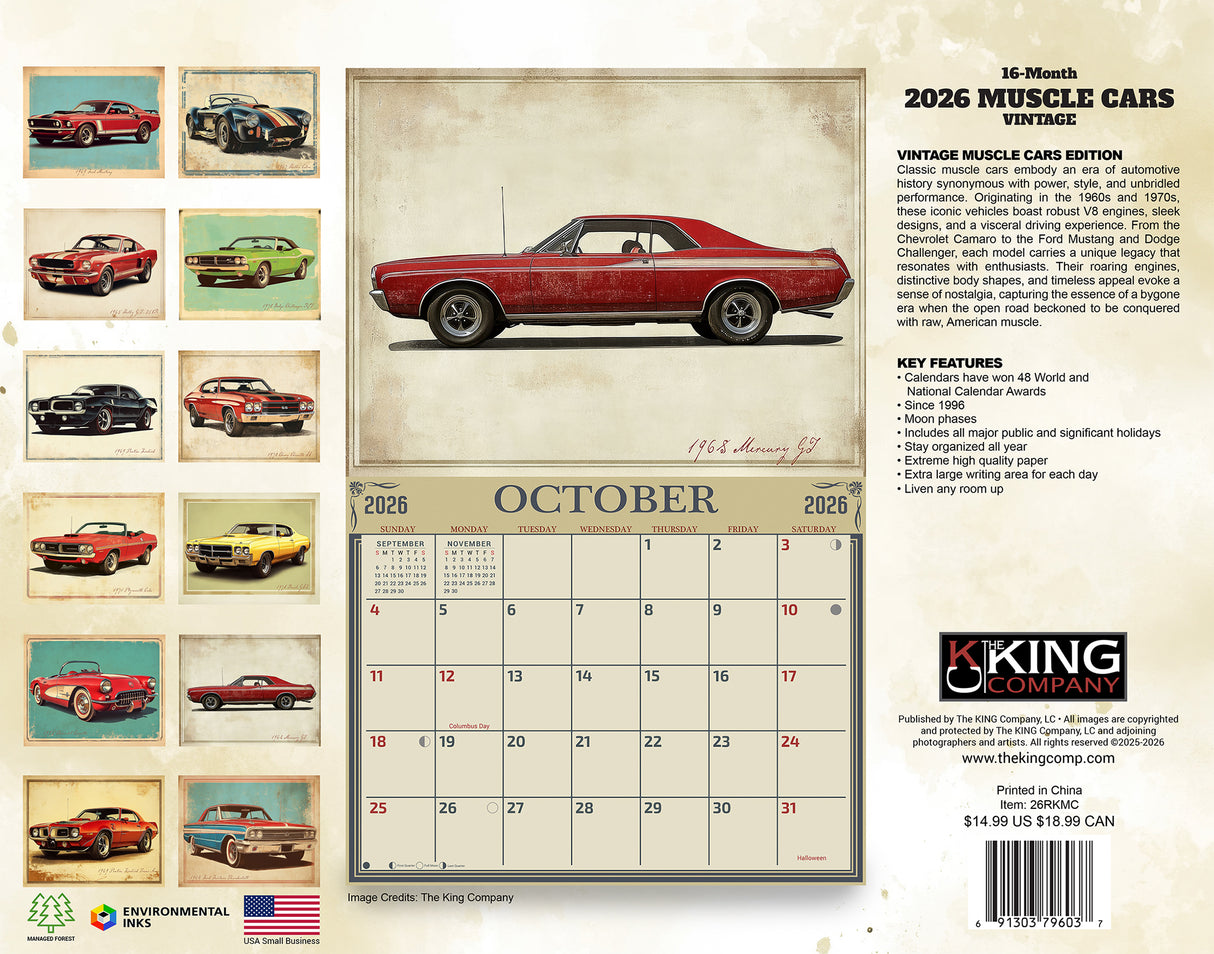 2026 Muscle Cars Illustrated Wall Calendar