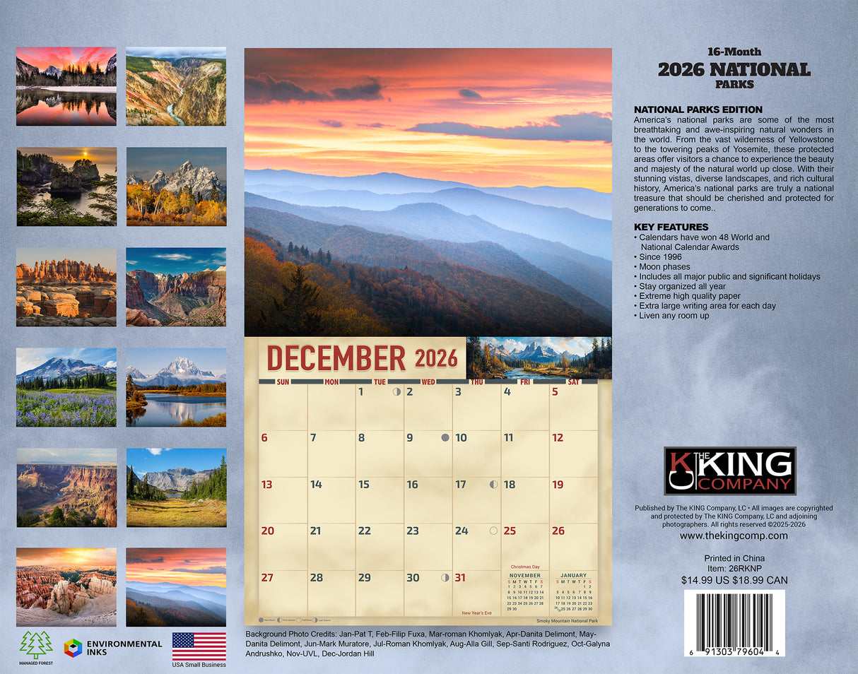 2026 National Parks Wall Calendar