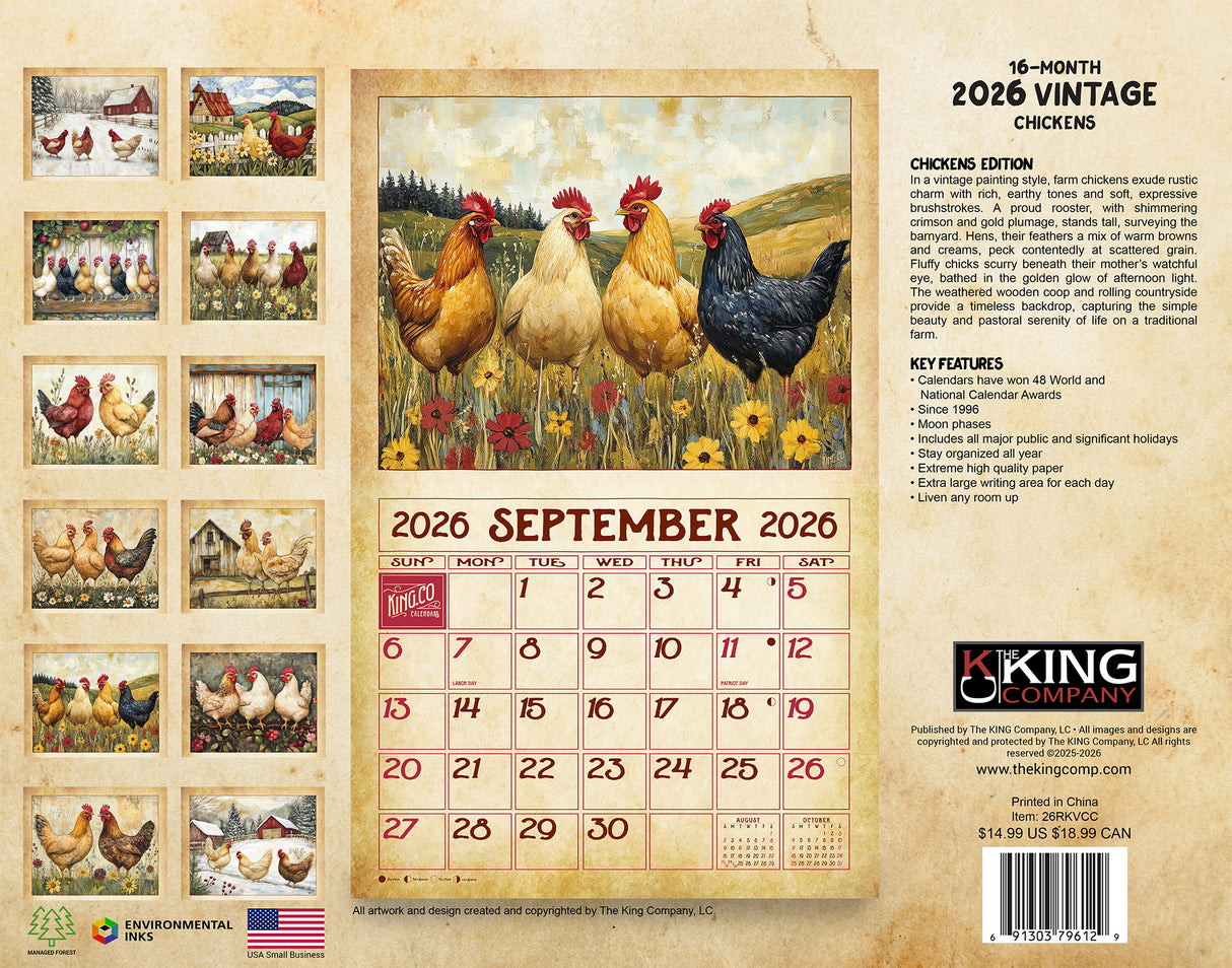 2026 Vintage Chickens Wall Calendar
