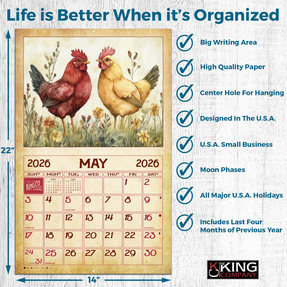 2026 Vintage Chickens Wall Calendar