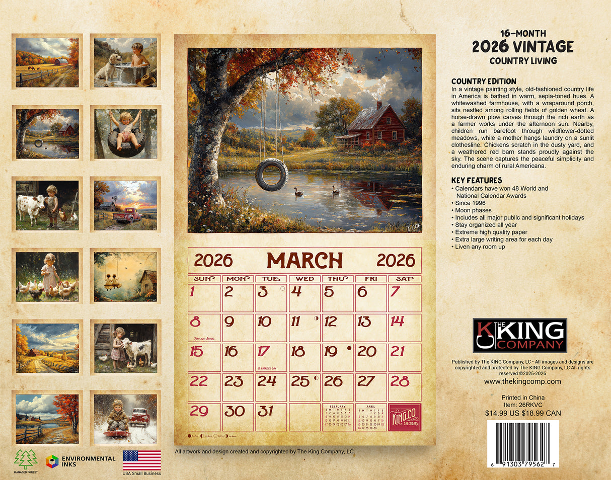2026 Vintage Country Wall Calendar