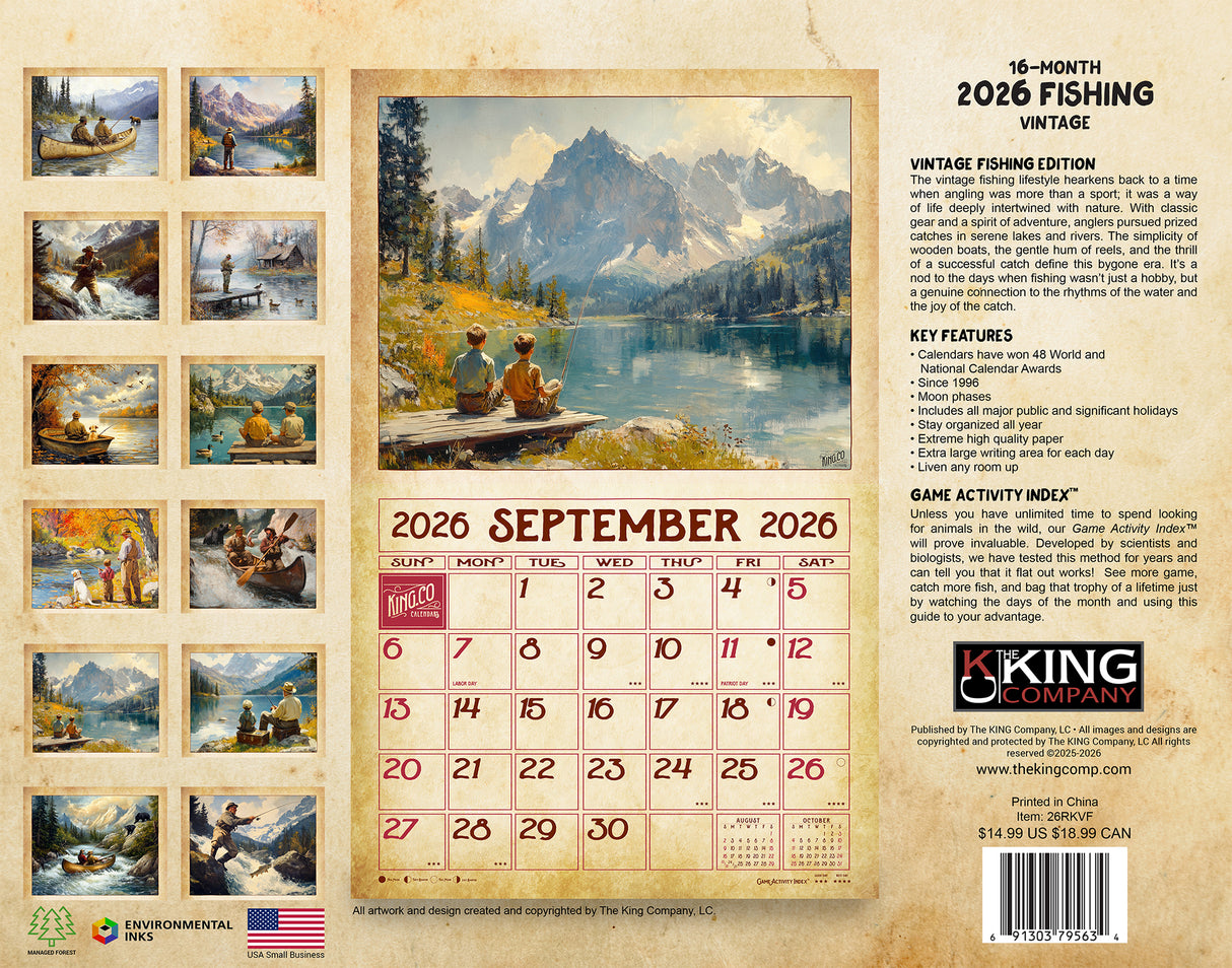 2026 Vintage Fishing Wall Calendar