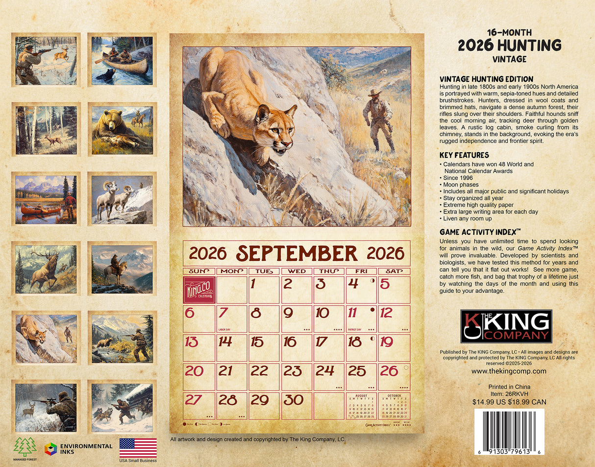2026 Vintage Hunting Wall Calendar
