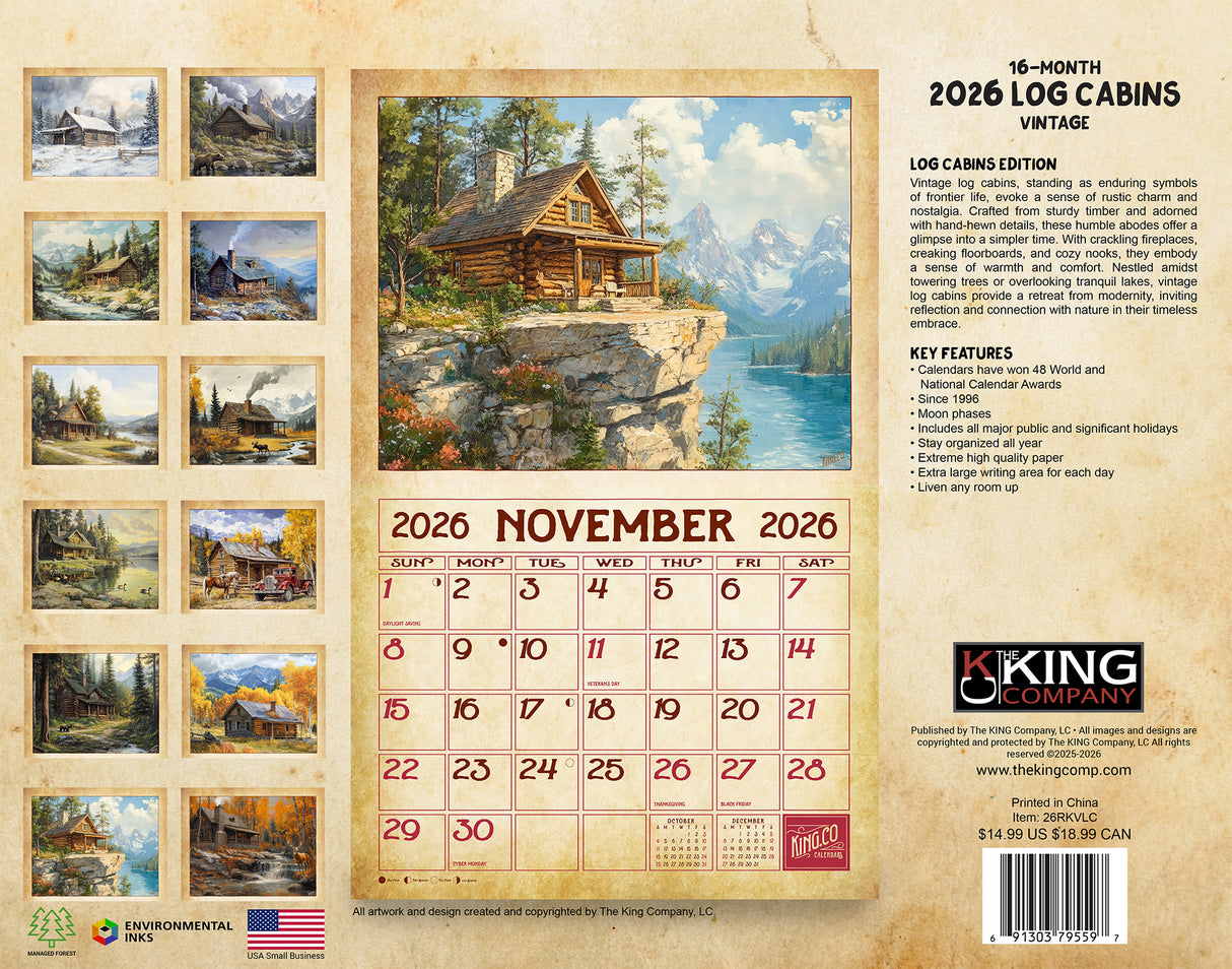2026 Vintage Log Cabins Wall Calendar