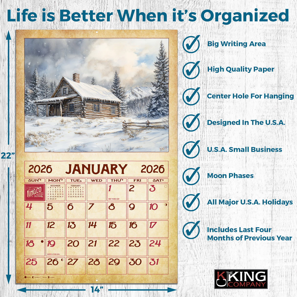 2026 Vintage Log Cabins Wall Calendar