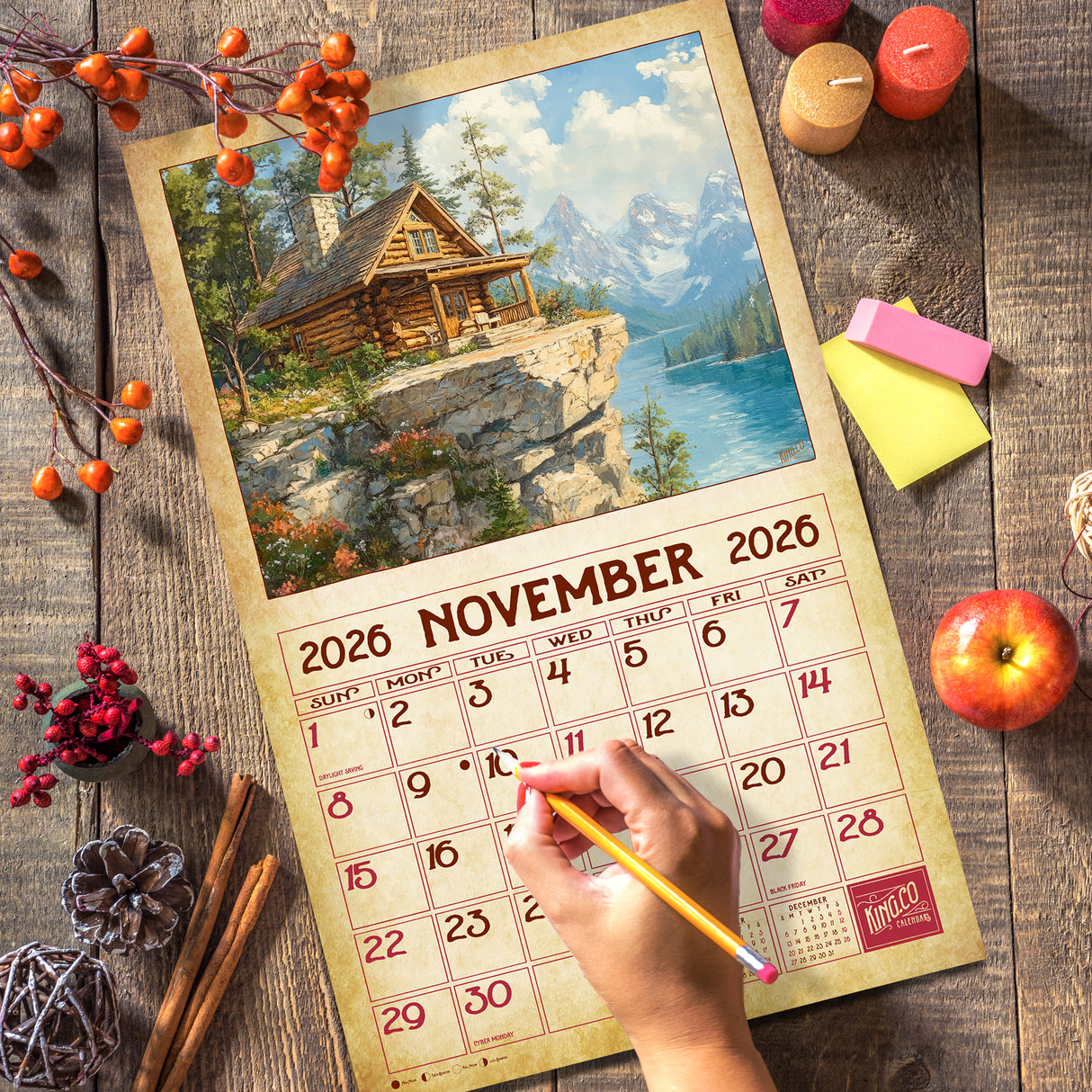 2026 Vintage Log Cabins Wall Calendar