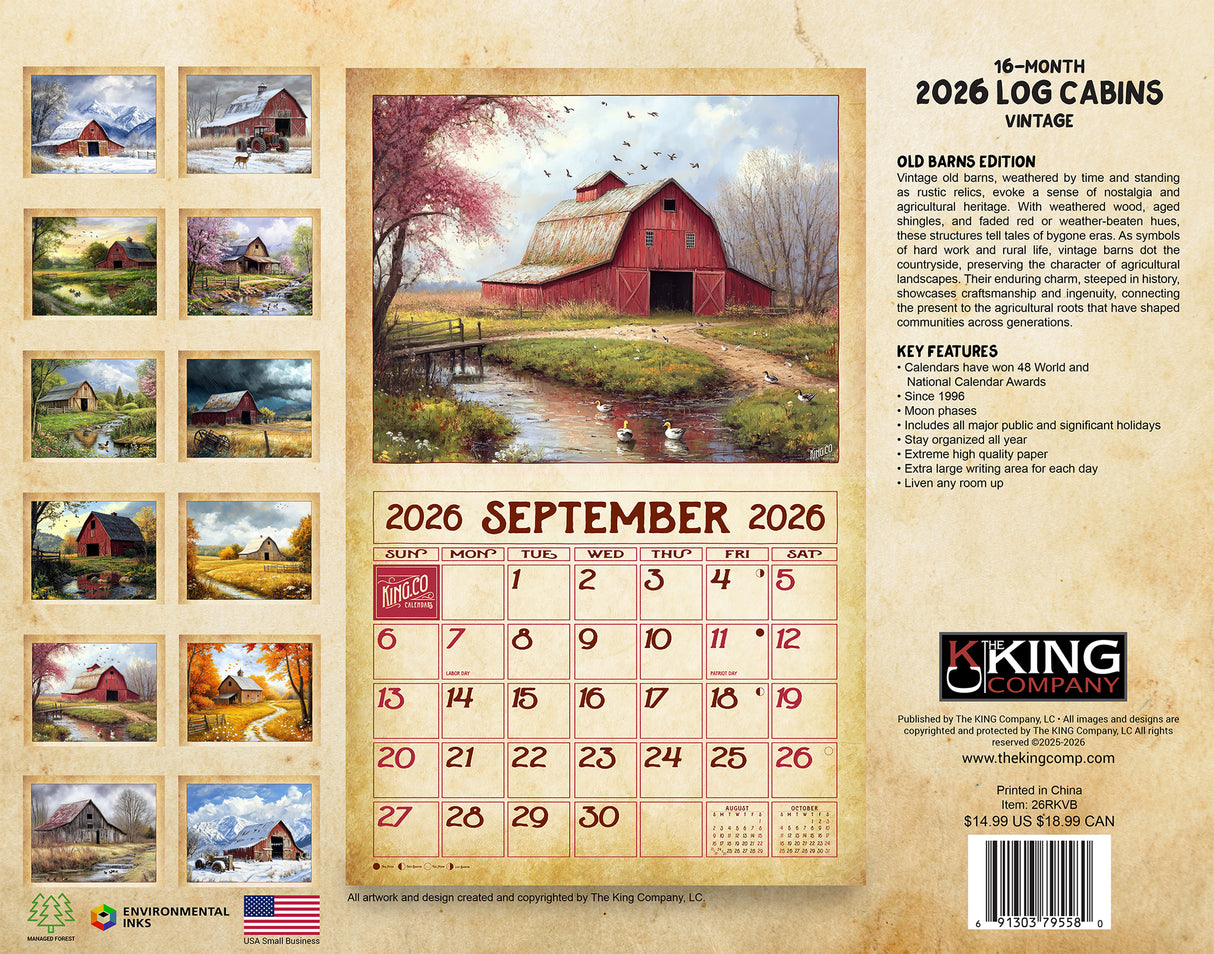 2026 Vintage Old Barns Wall Calendar