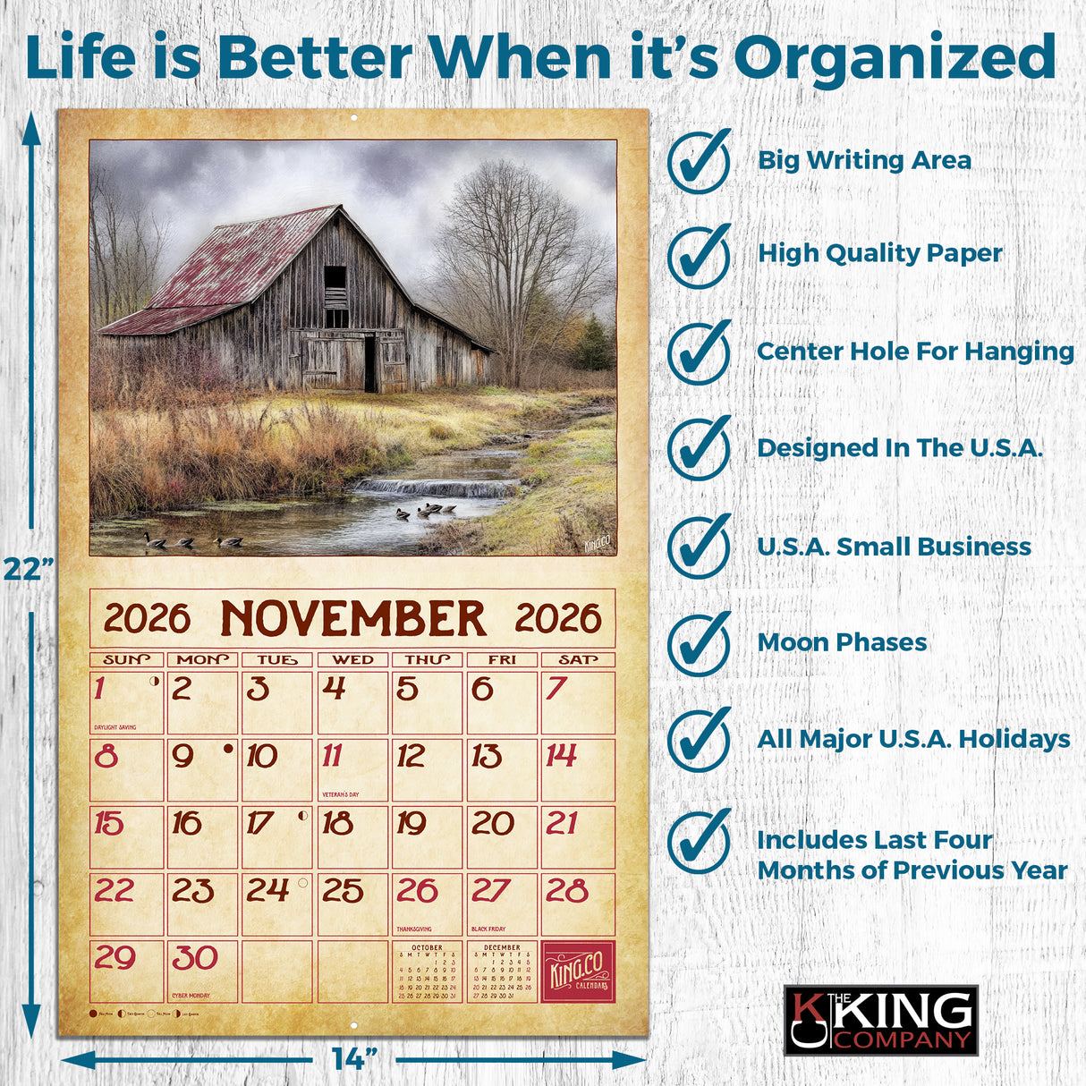 2026 Vintage Old Barns Wall Calendar