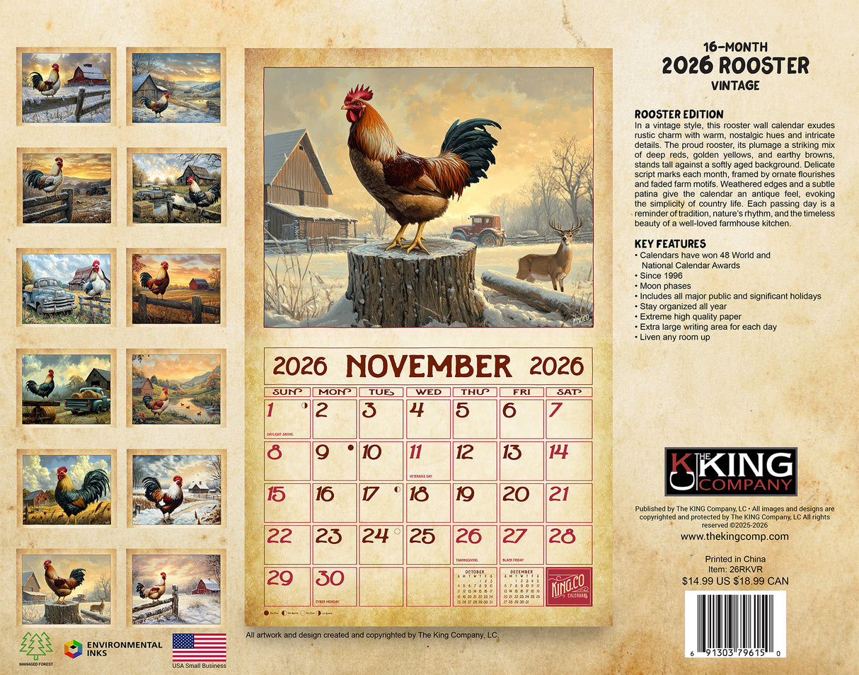 2026 Vintage Roosters Wall Calendar