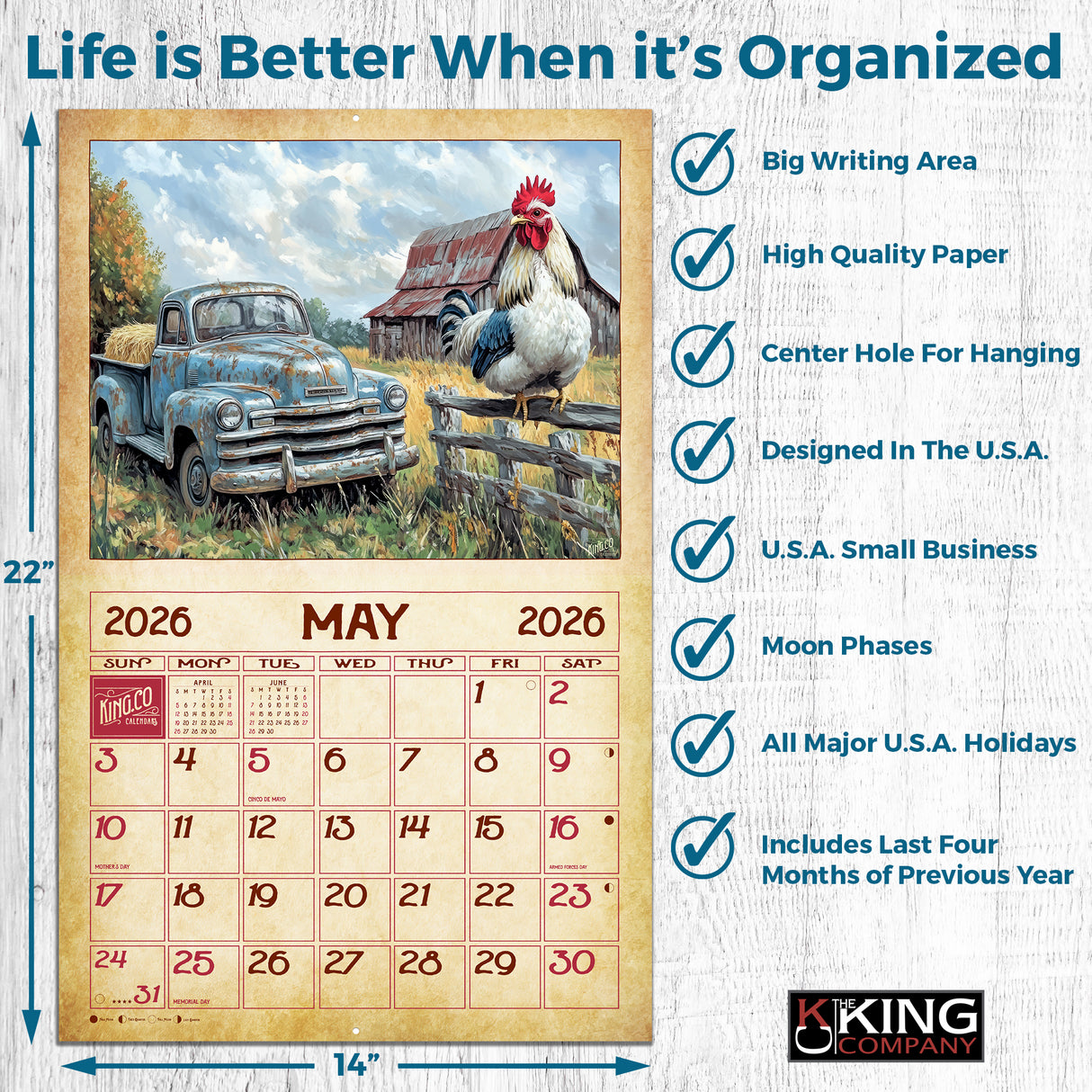 2026 Vintage Roosters Wall Calendar