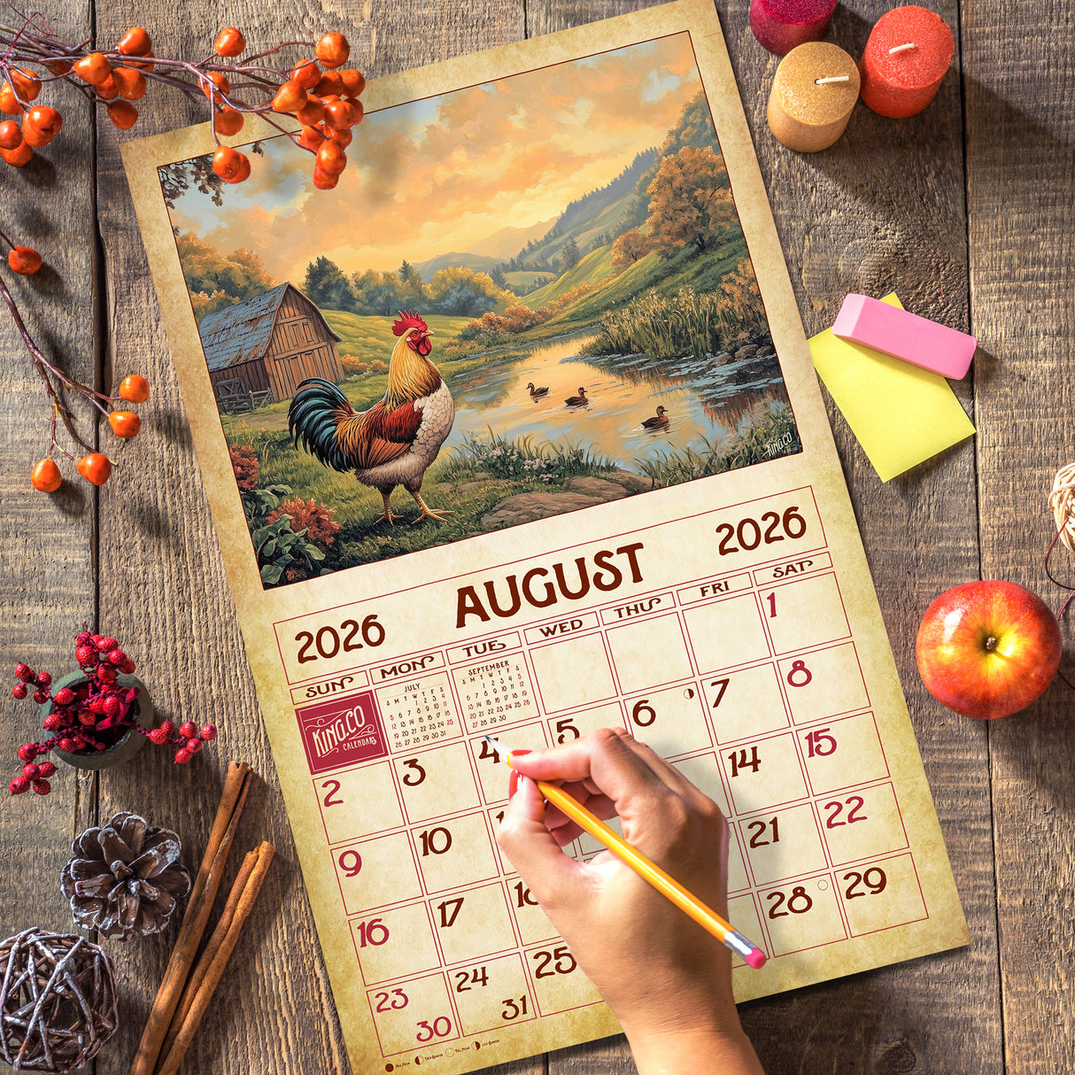 2026 Vintage Roosters Wall Calendar