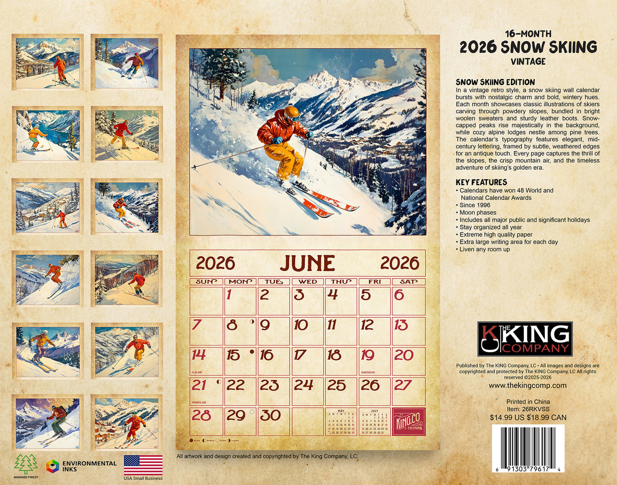 2026 Vintage Skiing Wall Calendar