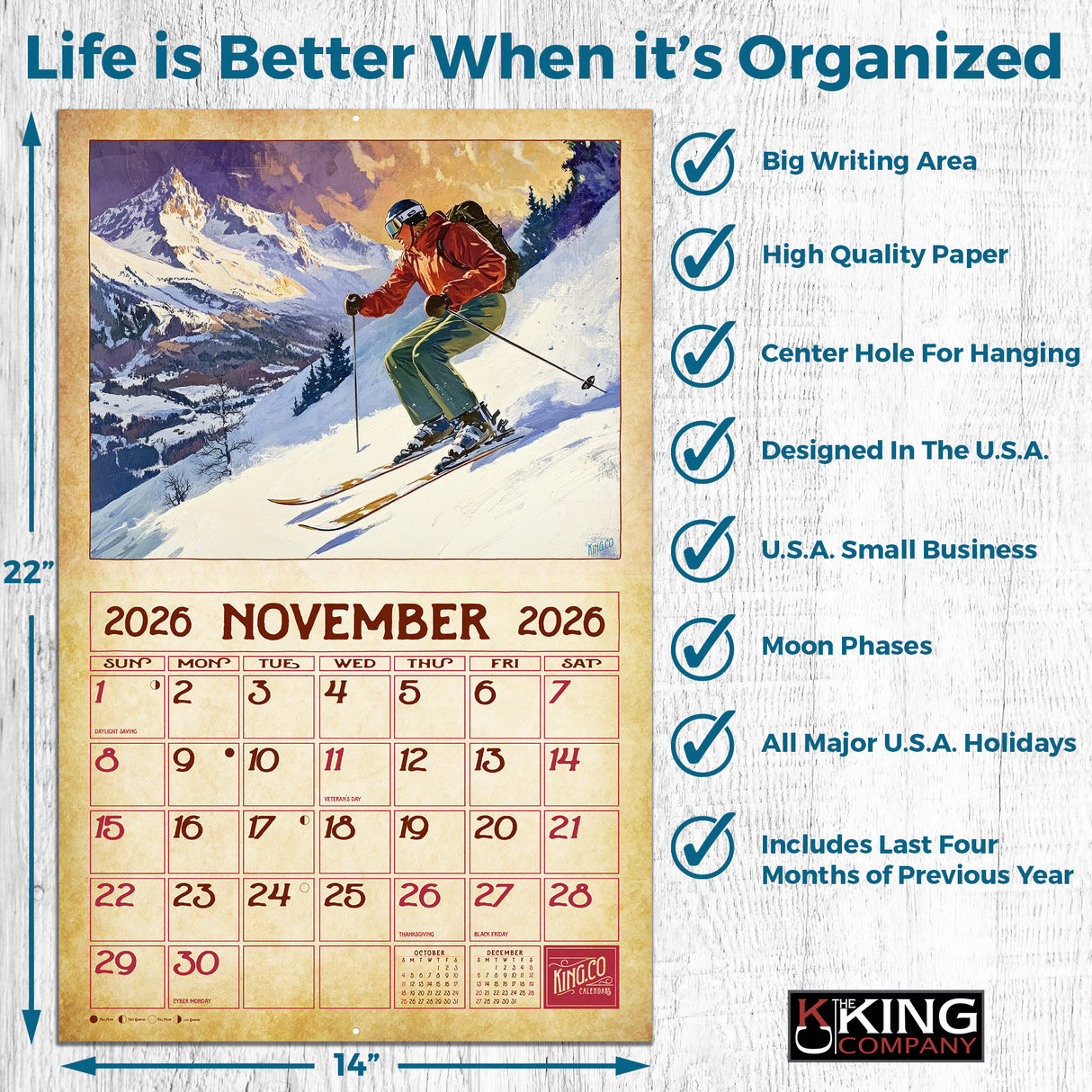 2026 Vintage Skiing Wall Calendar
