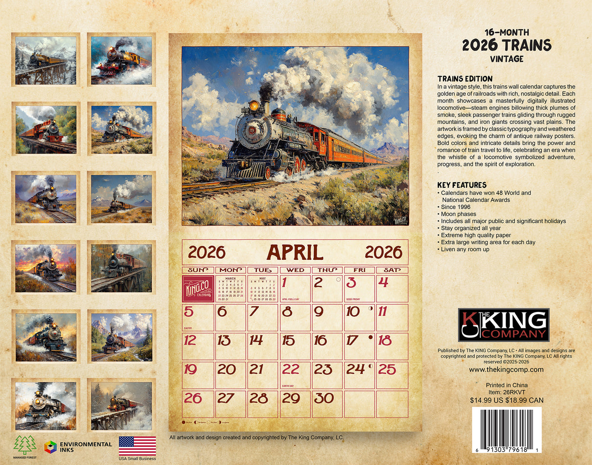 2026 Vintage Trains Wall Calendar