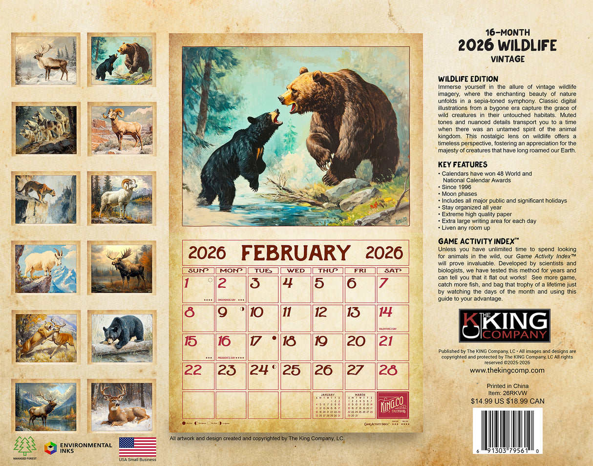 2026 Vintage Wildlife Wall Calendar