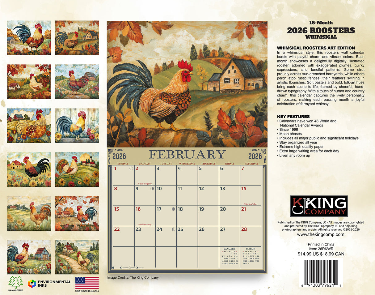 2026 Whimsical Roosters Wall Calendar