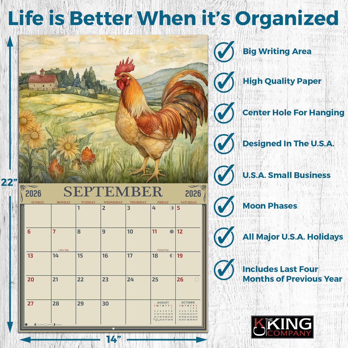 2026 Whimsical Roosters Wall Calendar