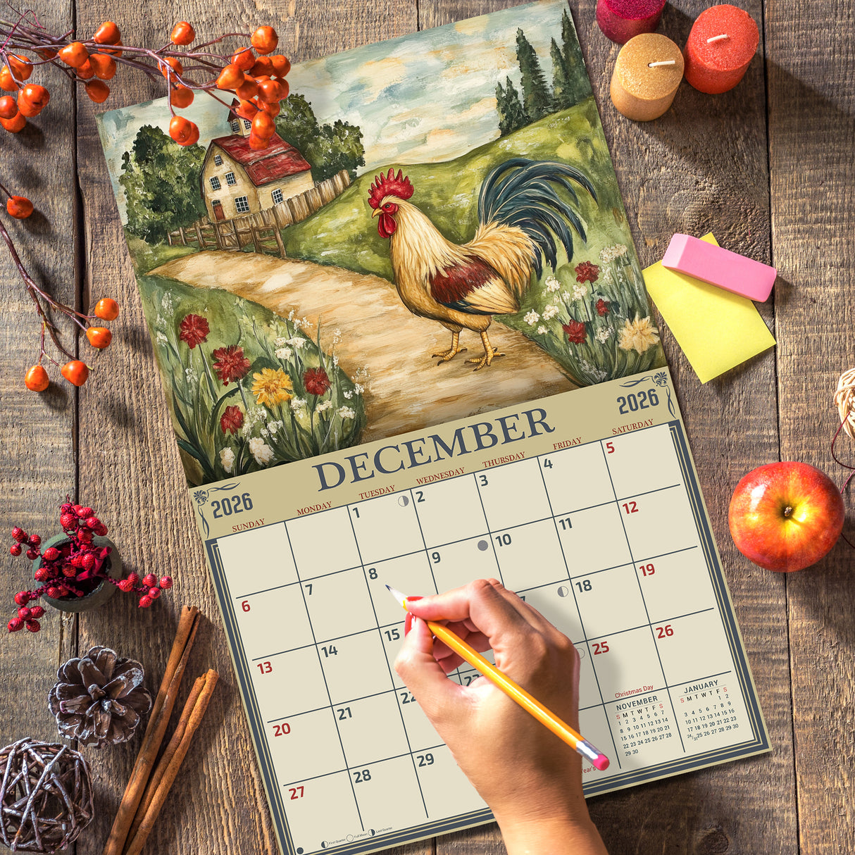 2026 Whimsical Roosters Wall Calendar