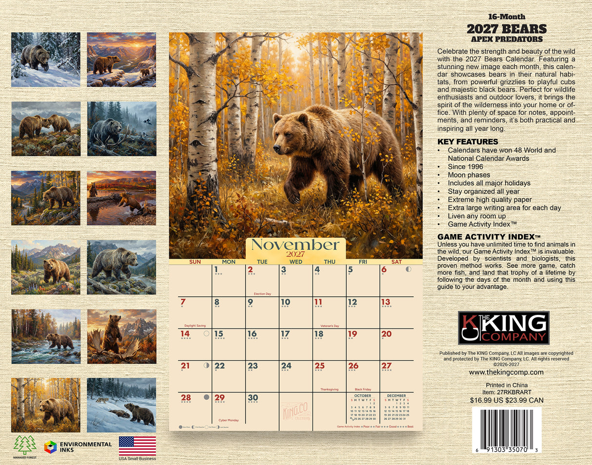 2027 Bears Country Wall Calendar – 16-Month Rustic Wildlife Art