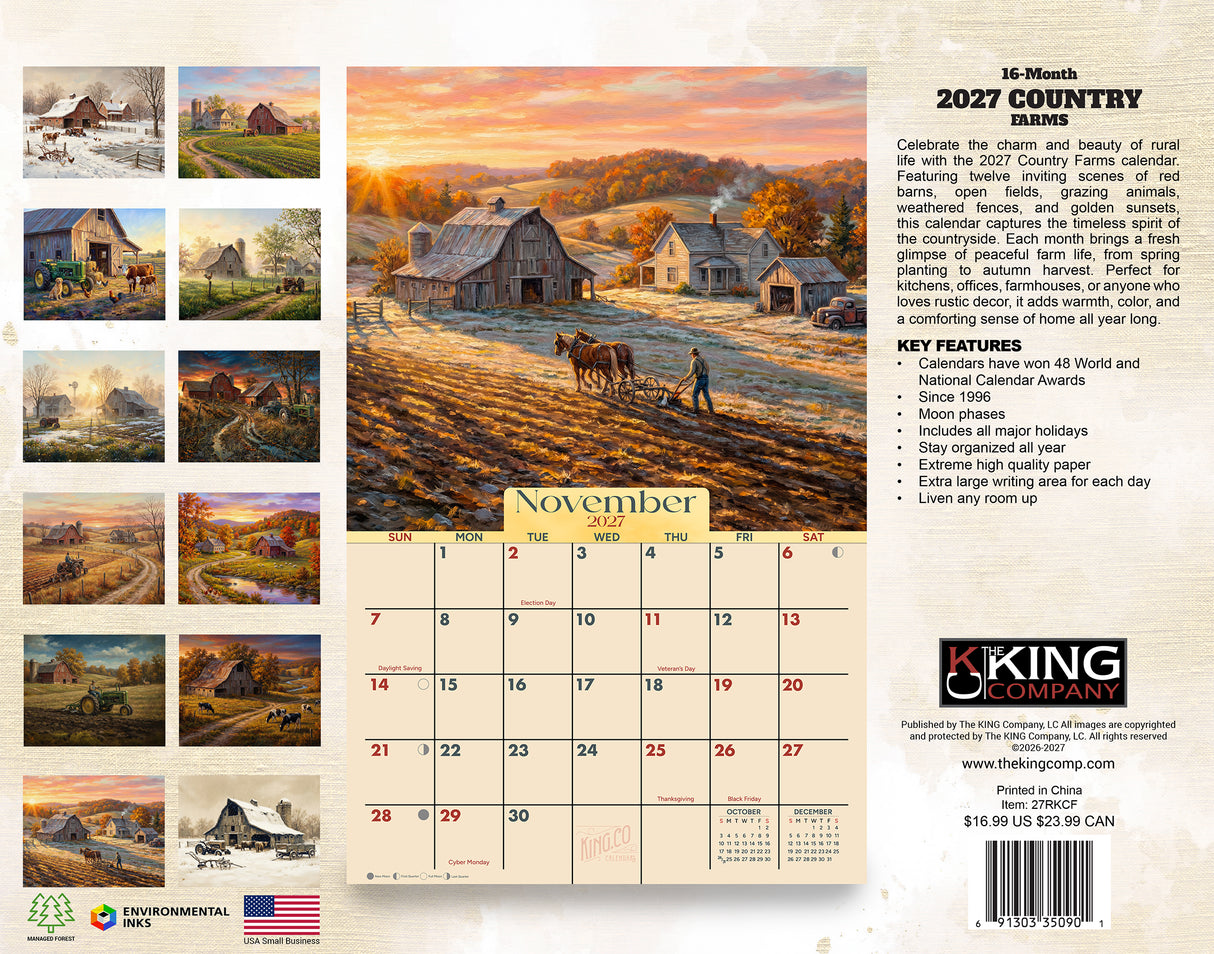 2027 Country Farms Wall Calendar – 16-Month Farm Art