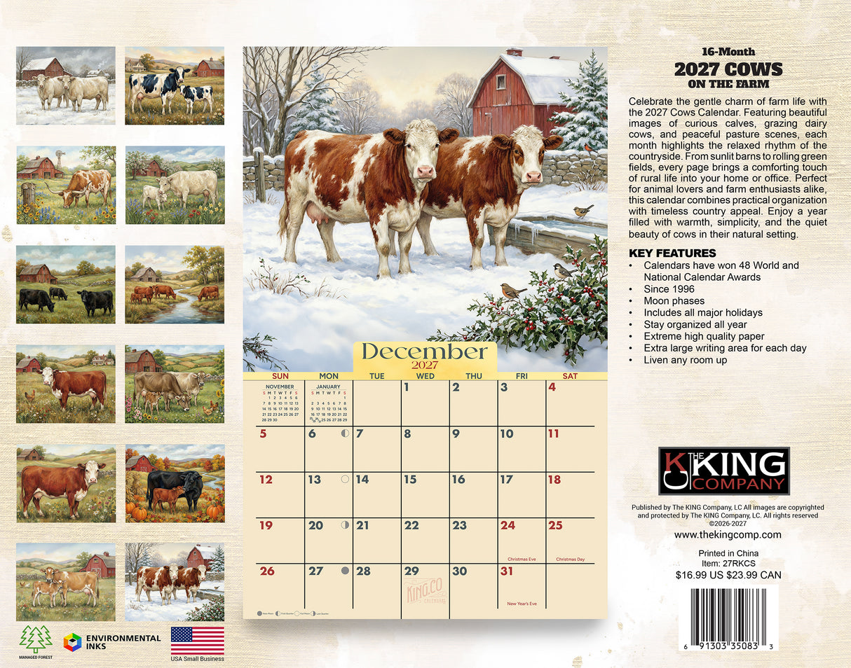 2027 Cows Wall Calendar – 16-Month Farm Art