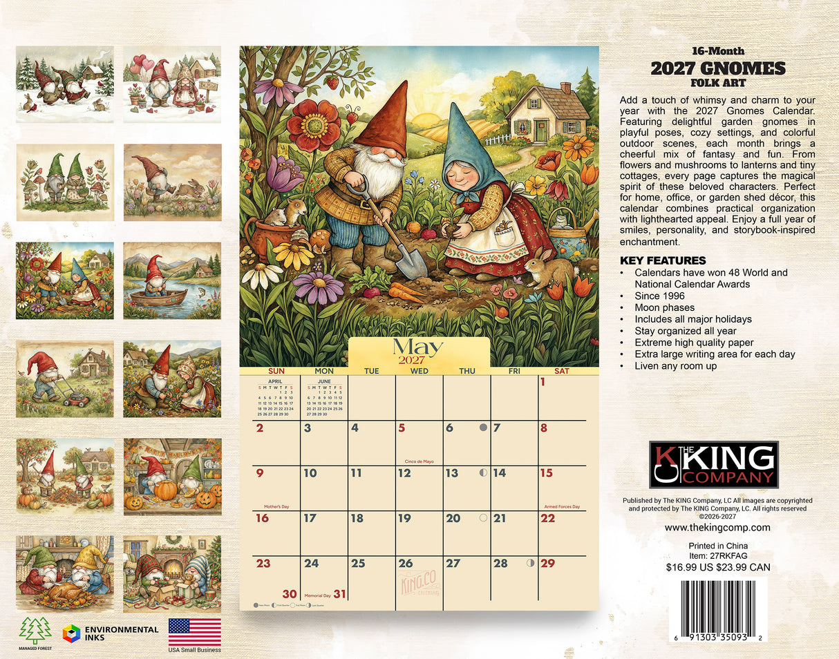 2027 Gnomes Wall Calendar – 16-Month Whimsical Art