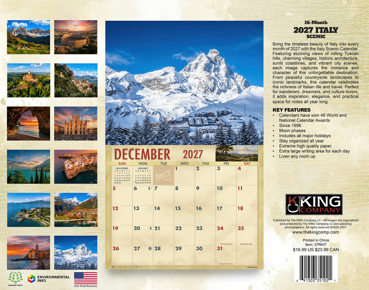2027 Italy Country Wall Calendar – 16-Month Scenic Photography