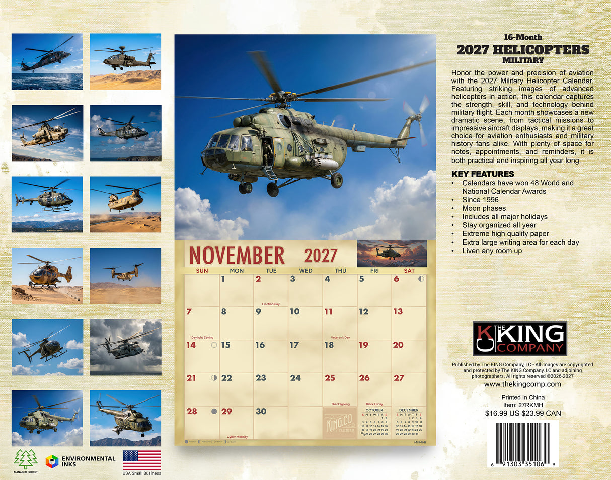 2027 Military Helicopters Wall Calendar – 16-Month Aviation Photography