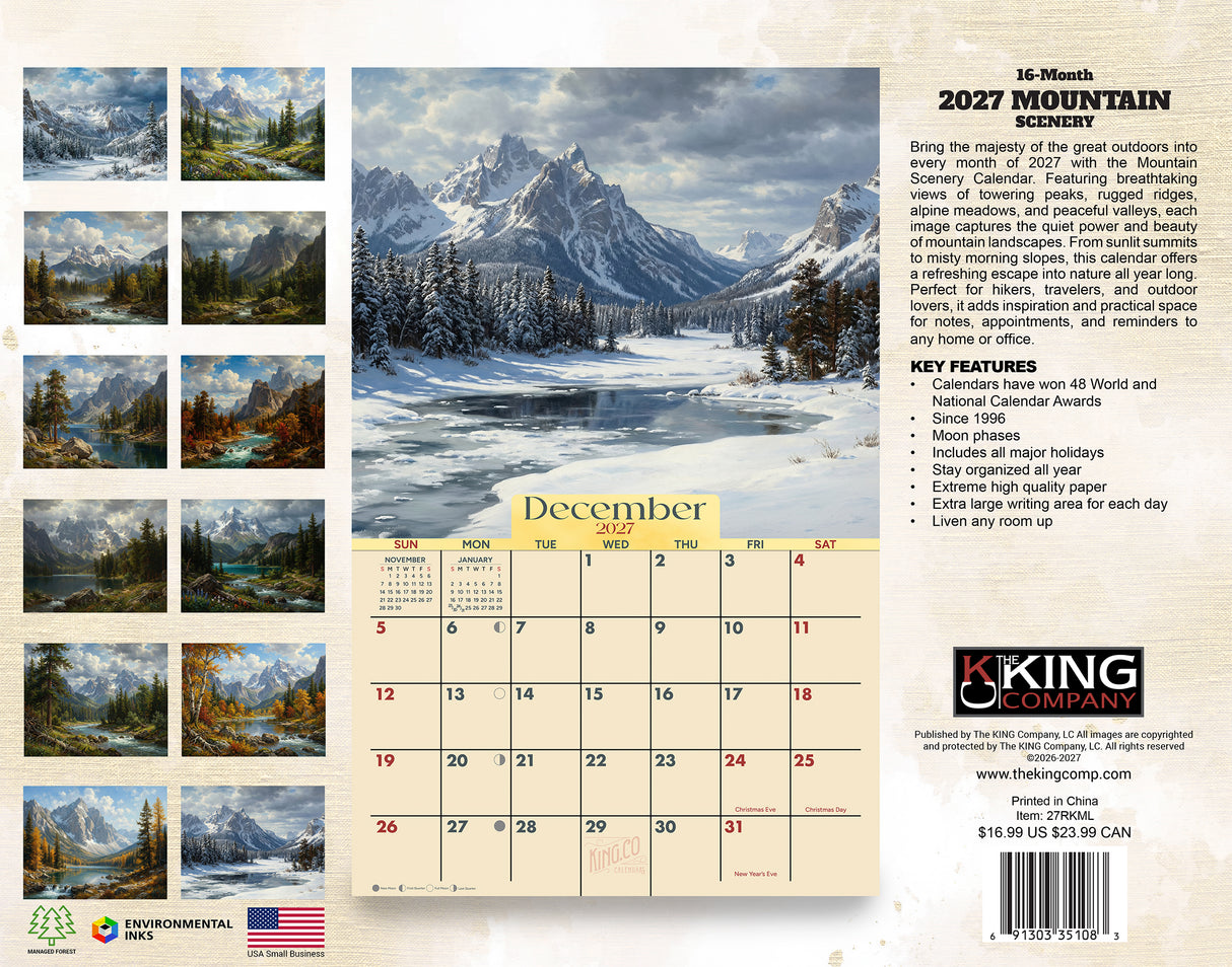 2027 Mountains Scenic Wall Calendar – 16-Month Scenic Art