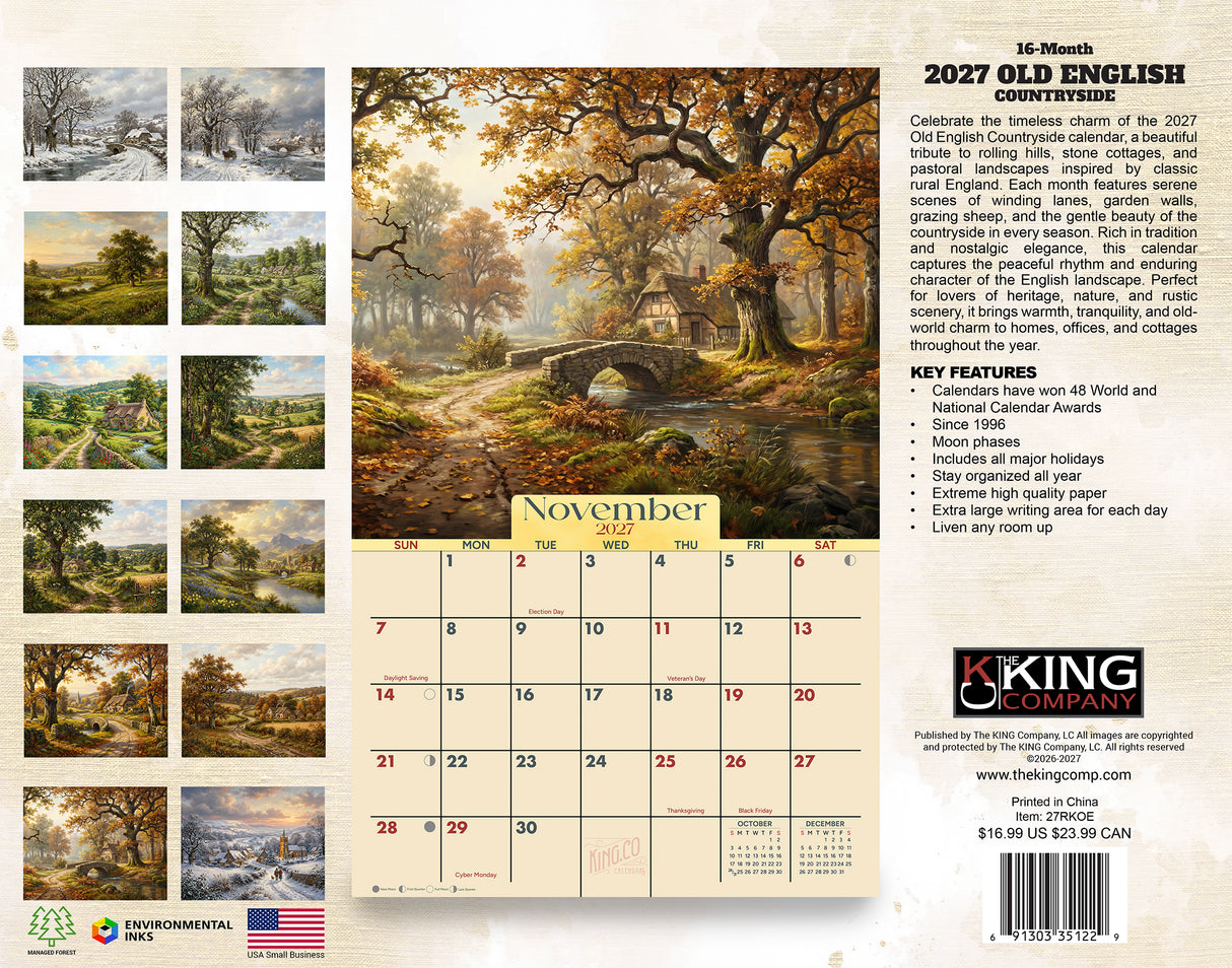 2027 Old English Countryside Wall Calendar – 16-Month Countryside Art