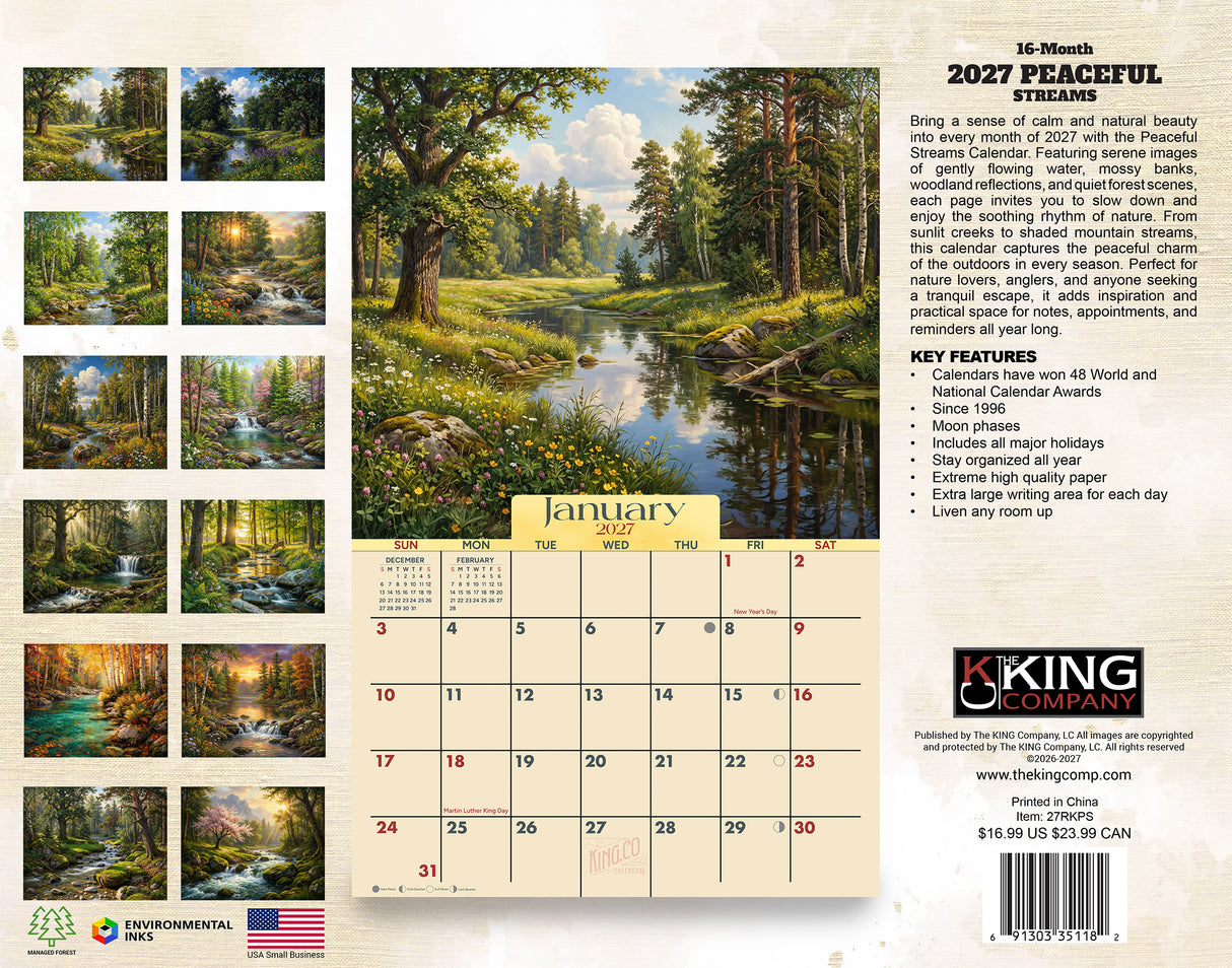 2027 Peaceful Streams Wall Calendar – 16-Month Landscape Art
