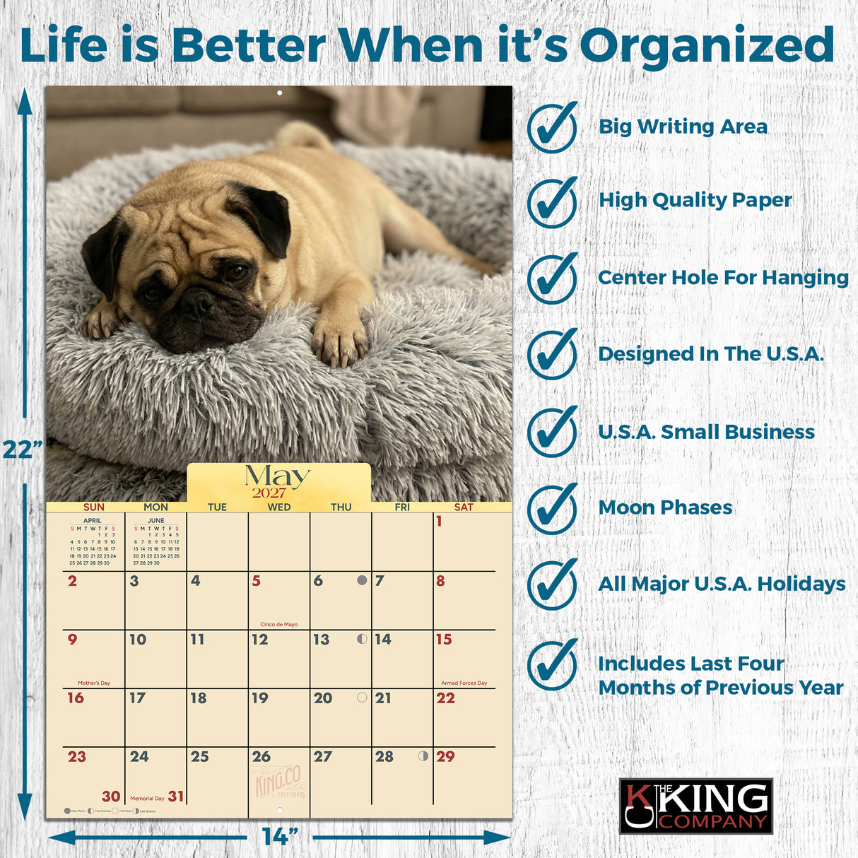 2027 Pugs Wall Calendar – 16-Month Dog Photography