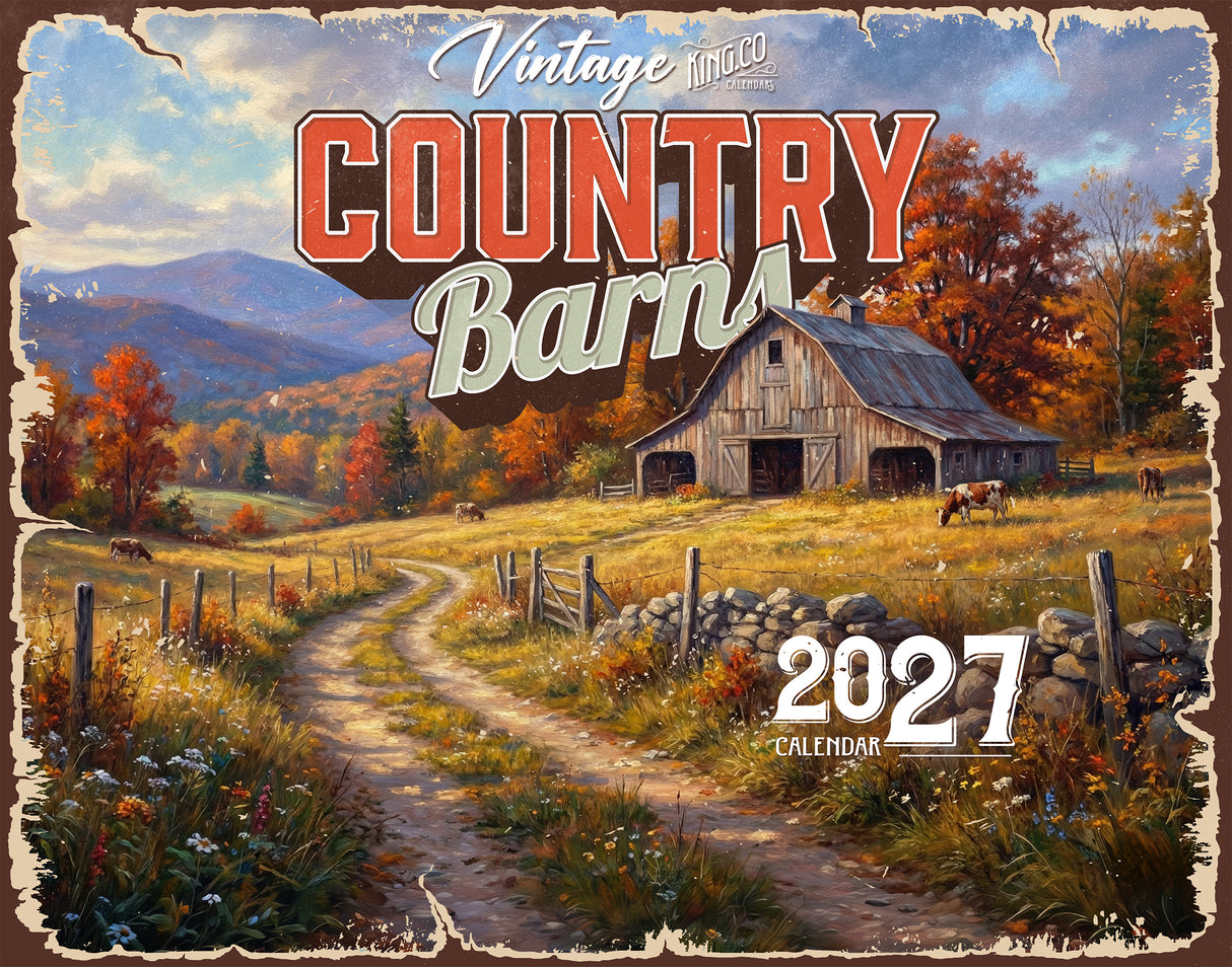 2027 Vintage Country Barns Wall Calendar – 16-Month Farm Art