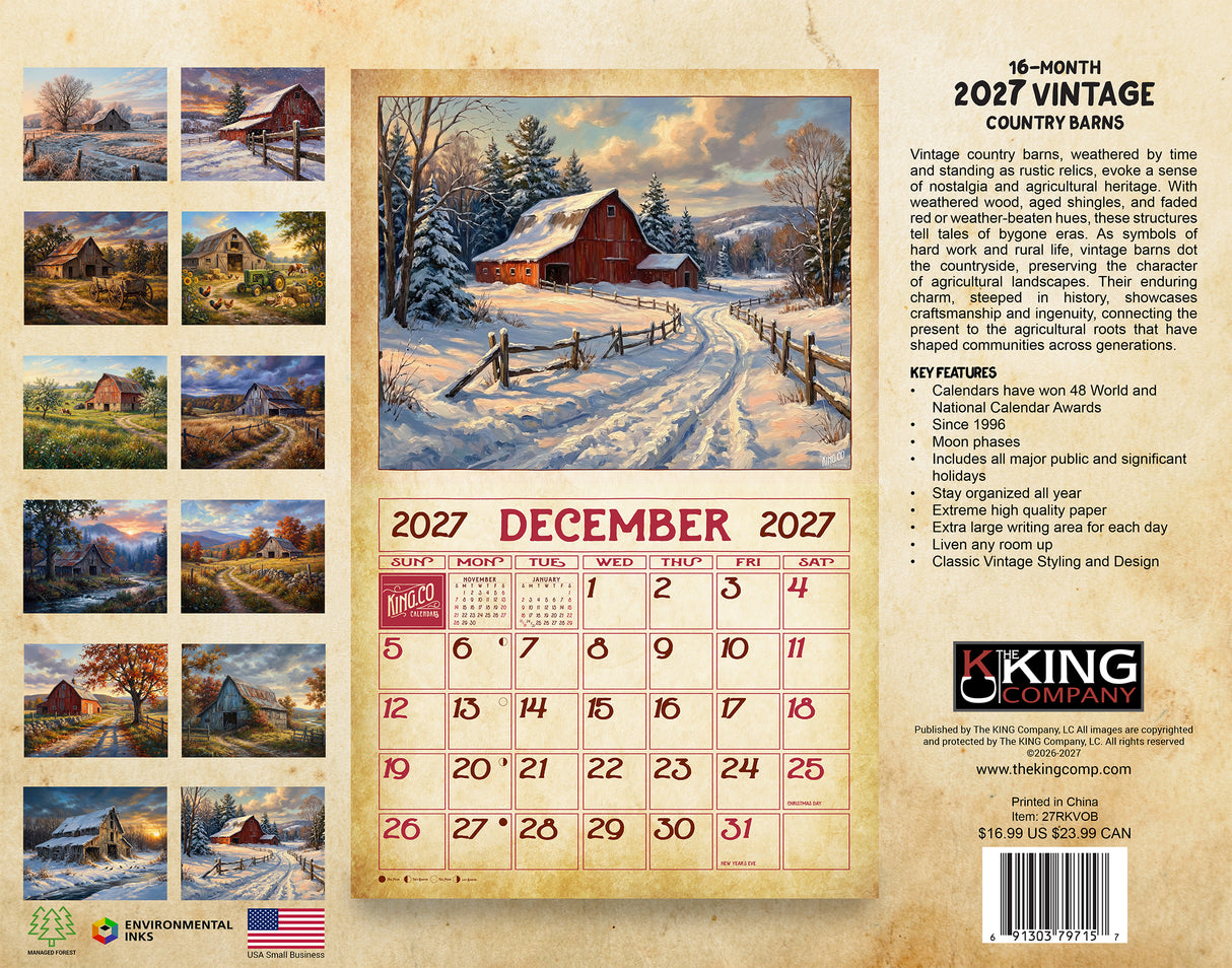 2027 Vintage Country Barns Wall Calendar – 16-Month Farm Art