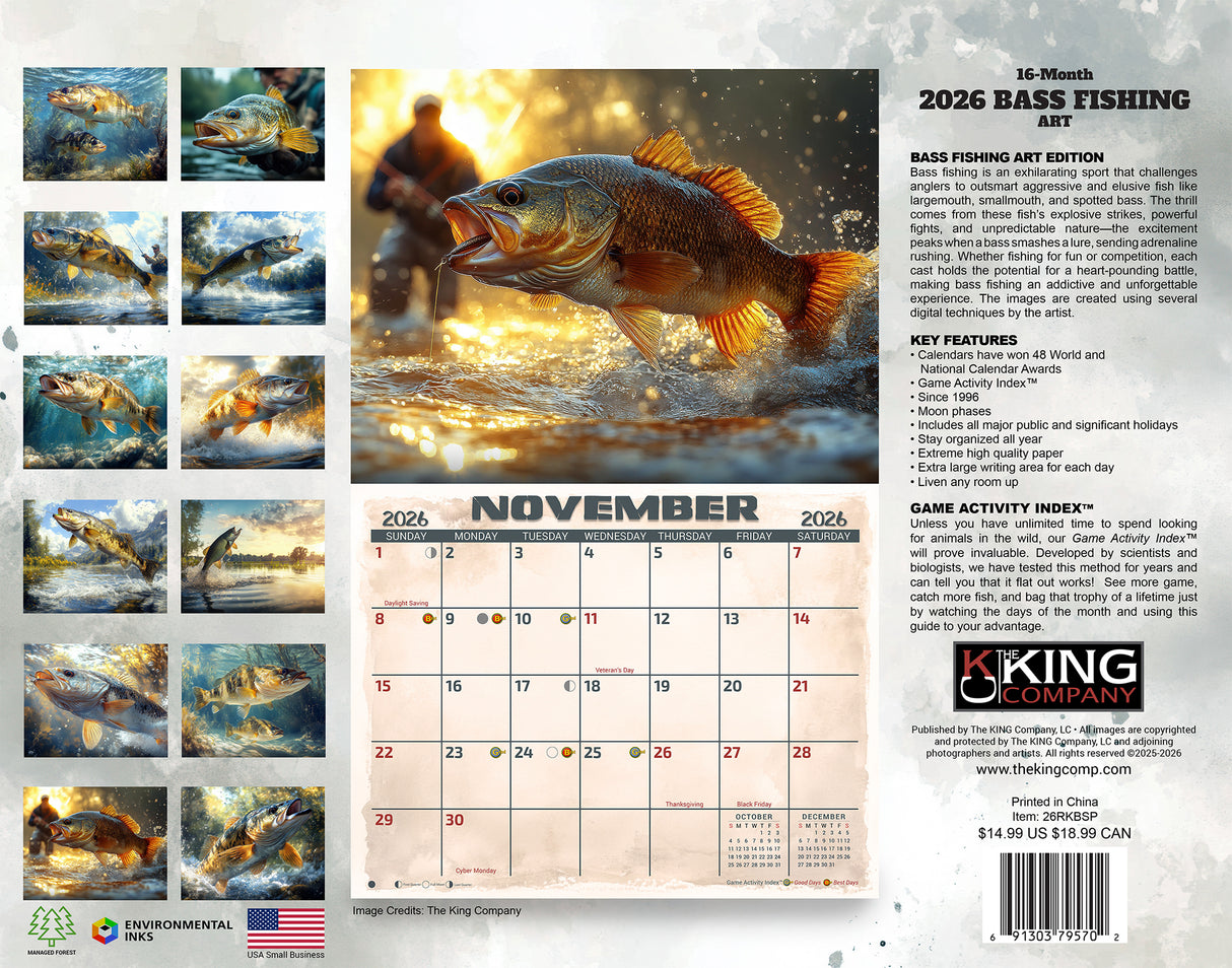 2026 Bass Fishing Illustrated Wall Calendar