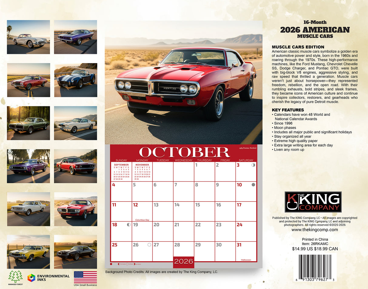 2026 American Muscle Cars Illustrated Wall Calendar