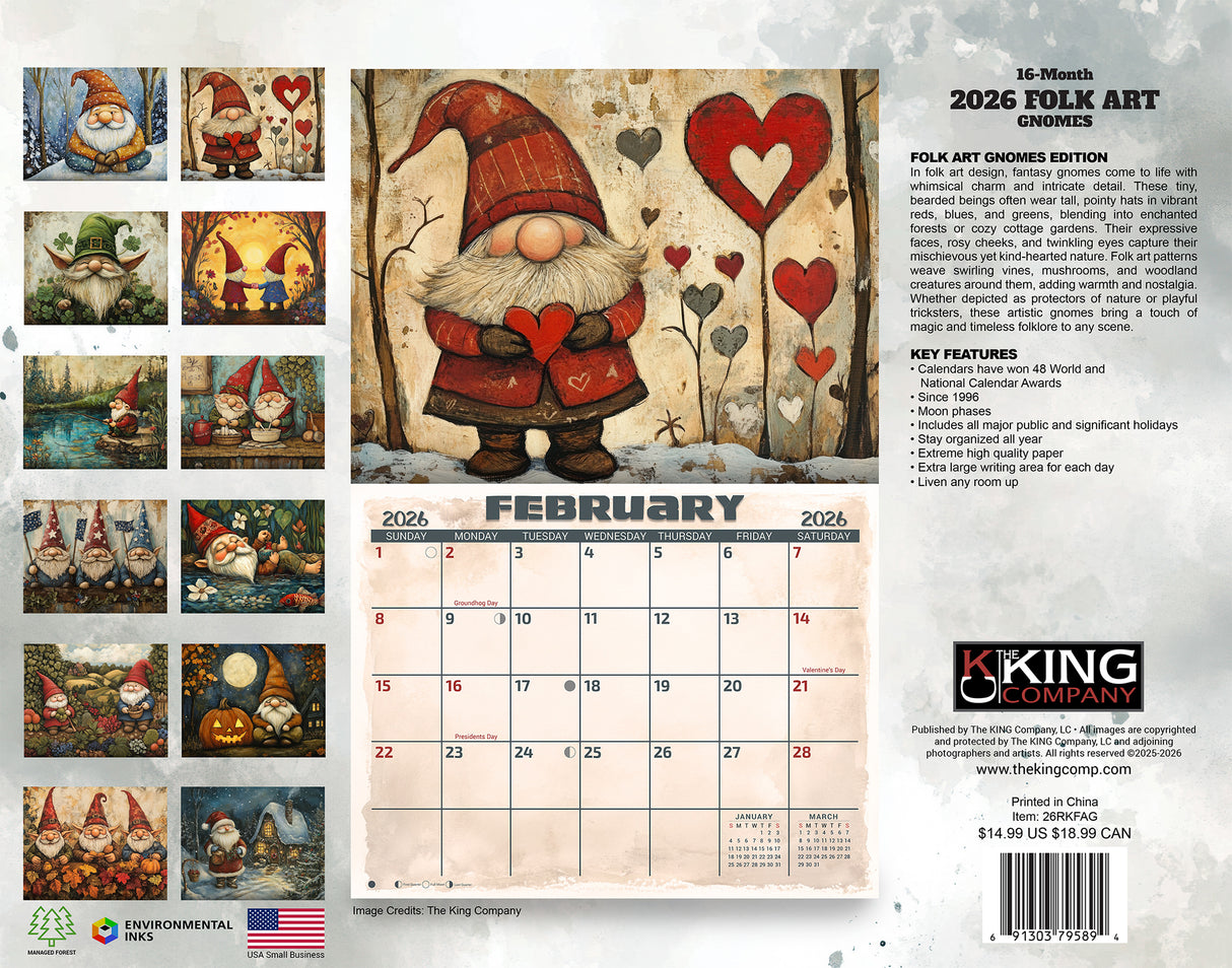 2026 Folk Art Gnomes Wall Calendar