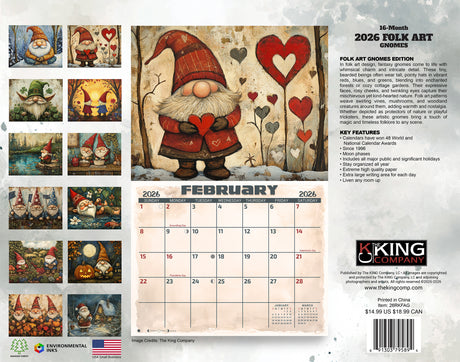 2026 Folk Art Gnomes Wall Calendar