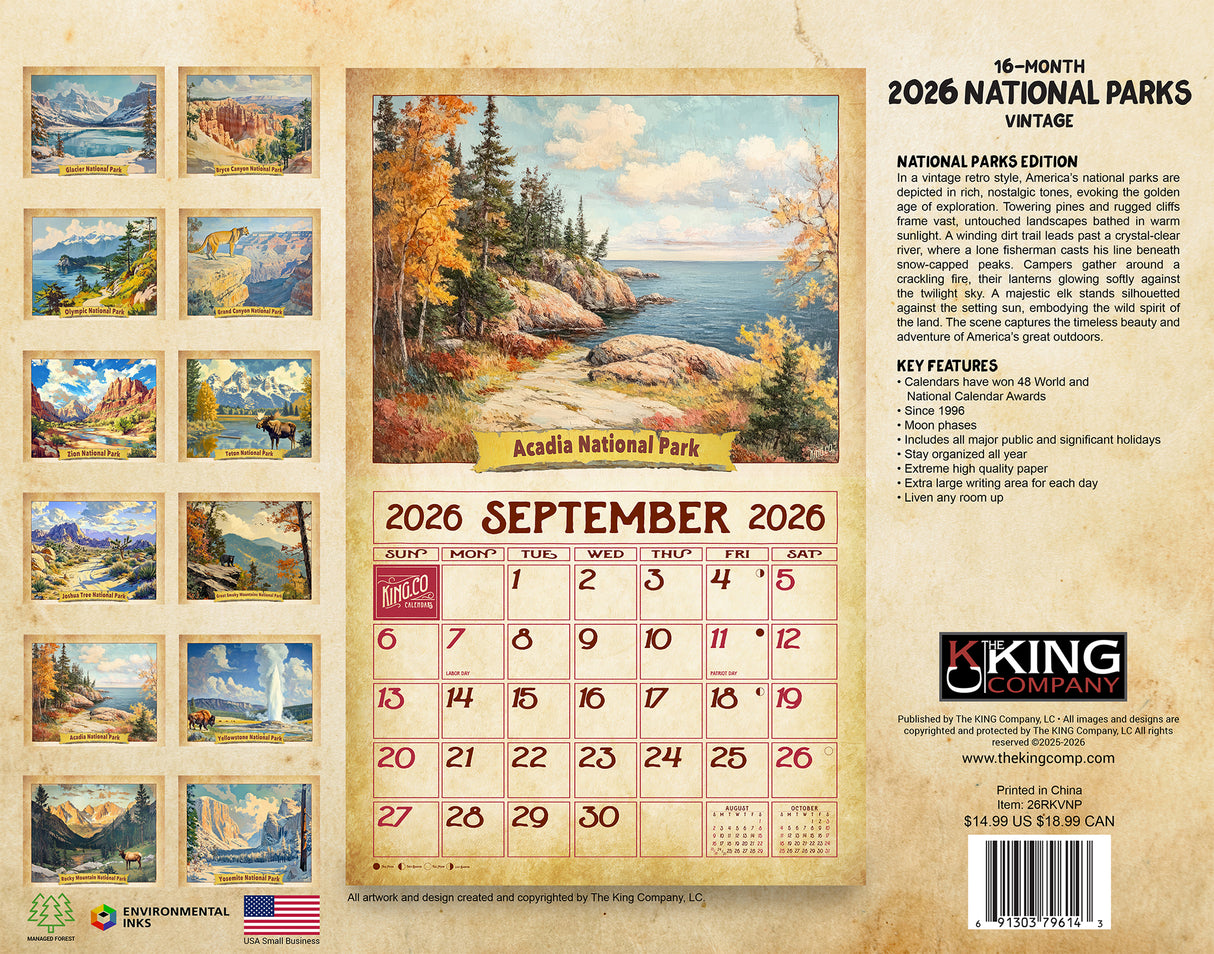 2026 Vintage National Parks Wall Calendar