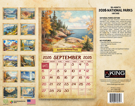 2026 Vintage National Parks Wall Calendar