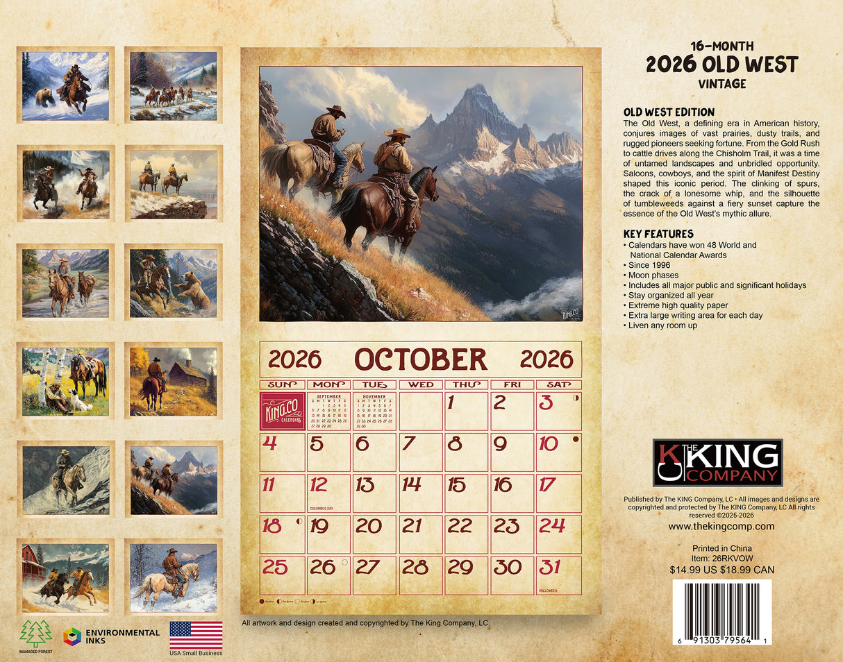 2026 Vintage Old West Wall Calendar