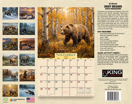 2027 Bears Country Wall Calendar – 16-Month Rustic Wildlife Art