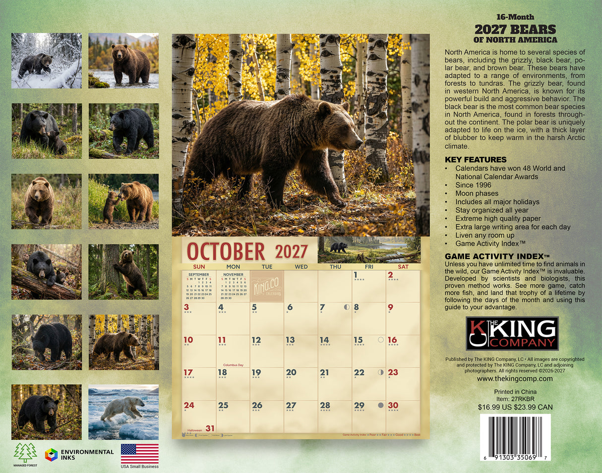 2027 Bears Wall Calendar – 16-Month Wildlife Photography